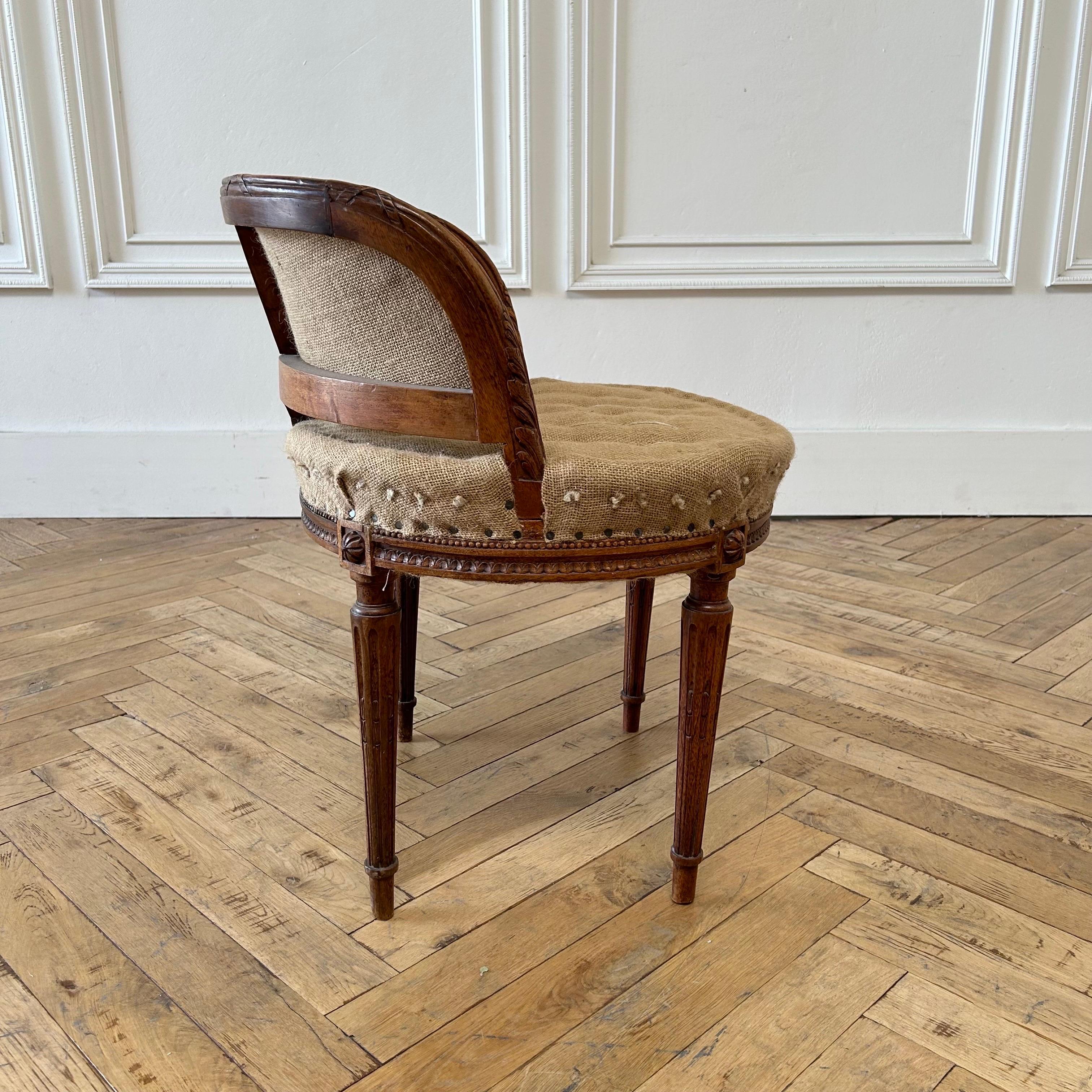Antique French Walnut Carved Vanity Stool with Custom Upholstery 2