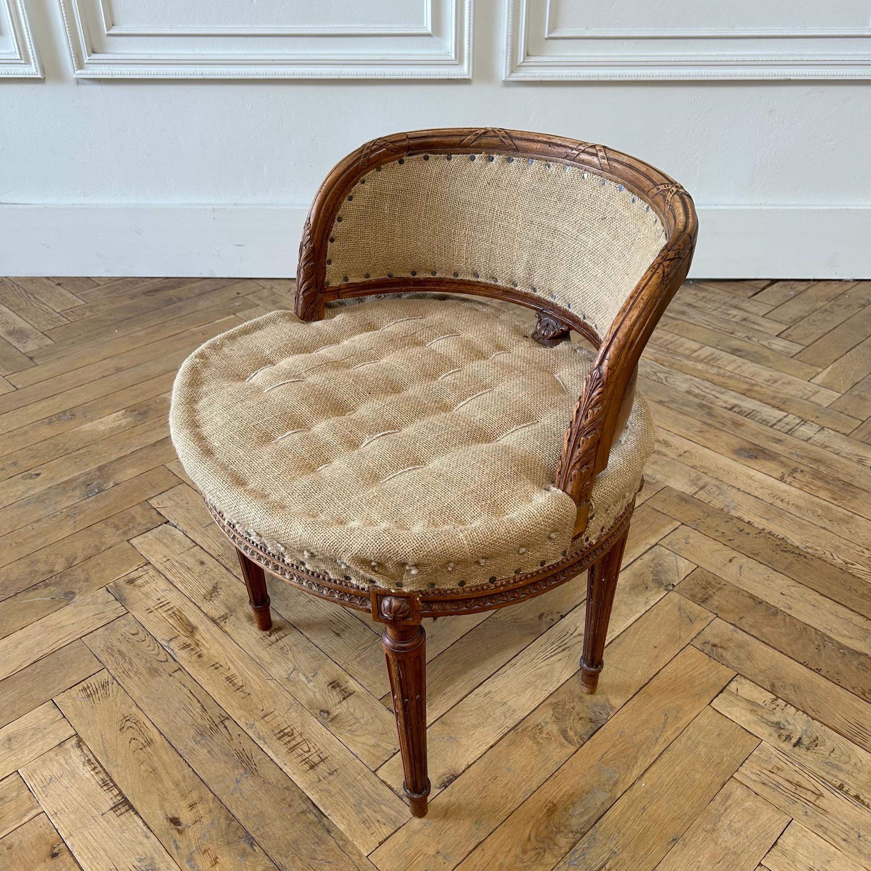 Antique French Walnut Carved Vanity Stool with Custom Upholstery 3