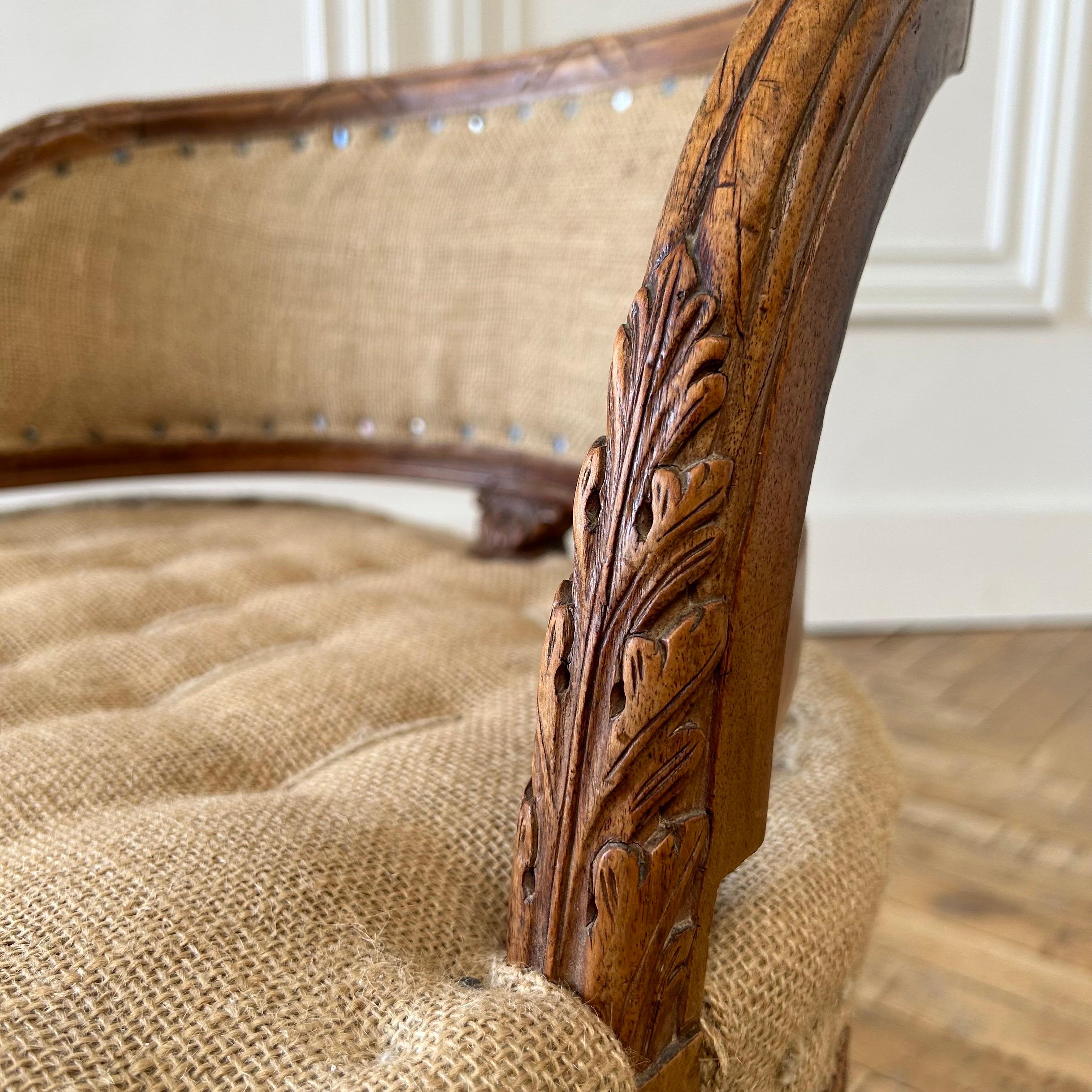 Antique French Walnut Carved Vanity Stool with Custom Upholstery 4