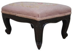 Antique French Walnut Floral Needlepoint Stool Foot Rest Ottoman Pouf Seat
