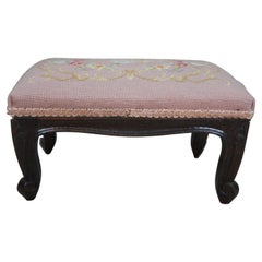 Antique French Walnut Floral Needlepoint Stool Foot Rest Ottoman Pouf Seat