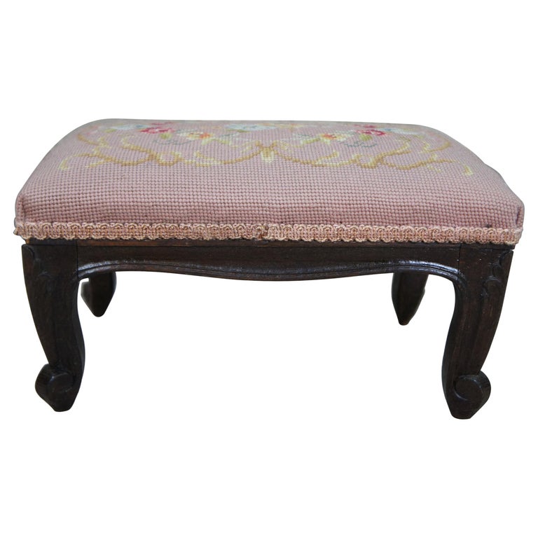 Antique French Walnut Floral Needlepoint Stool Foot Rest Ottoman Pouf ...