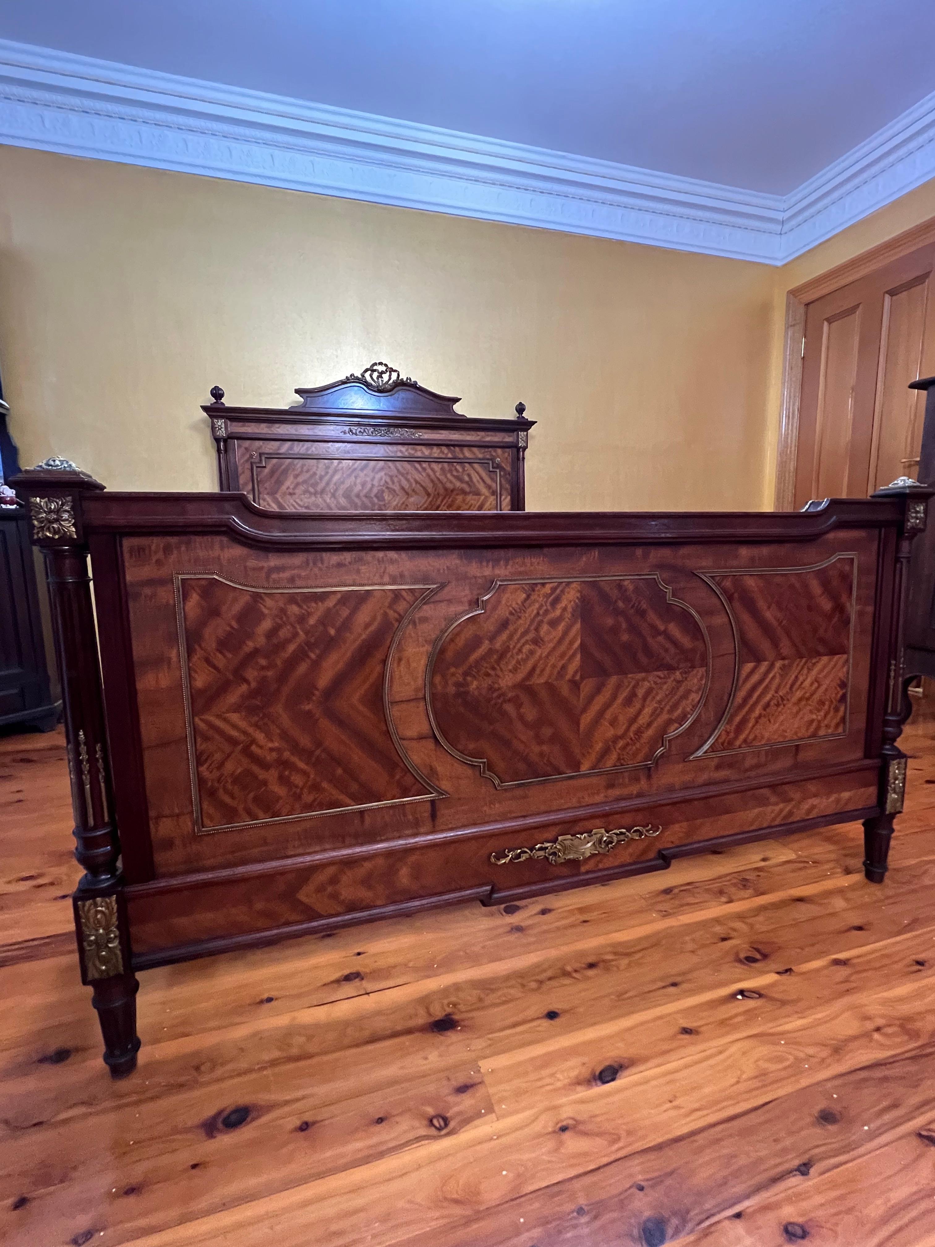 Antique French Walnut & Gilt Brass Double Bed For Sale 4