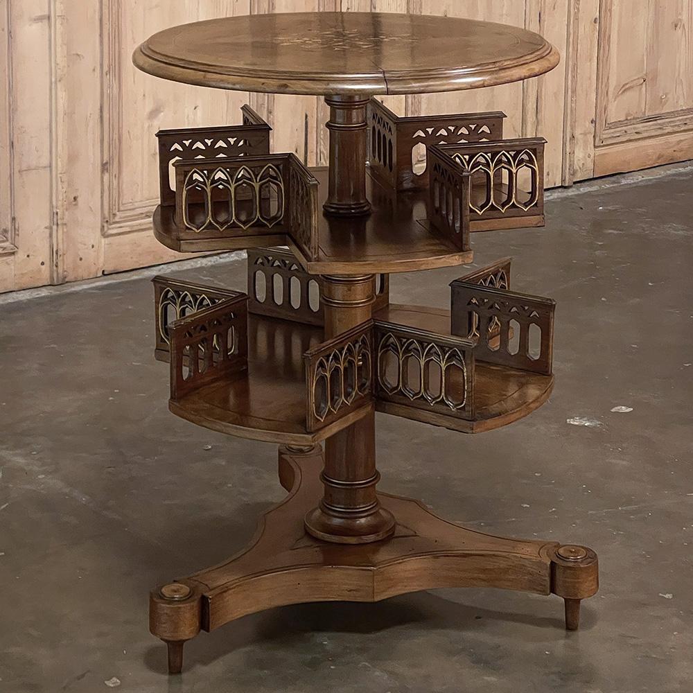 Antique French walnut gothic revolving book stand ~ end table with Marquetry is an ingenious invention that the English will probably claim, but the actual inventor has been lost to history. This French expression was hand-crafted from local walnut,