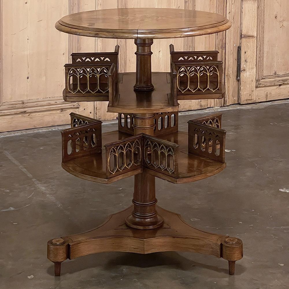 Gothic Revival Antique French Walnut Gothic Revolving Book Stand, End Table