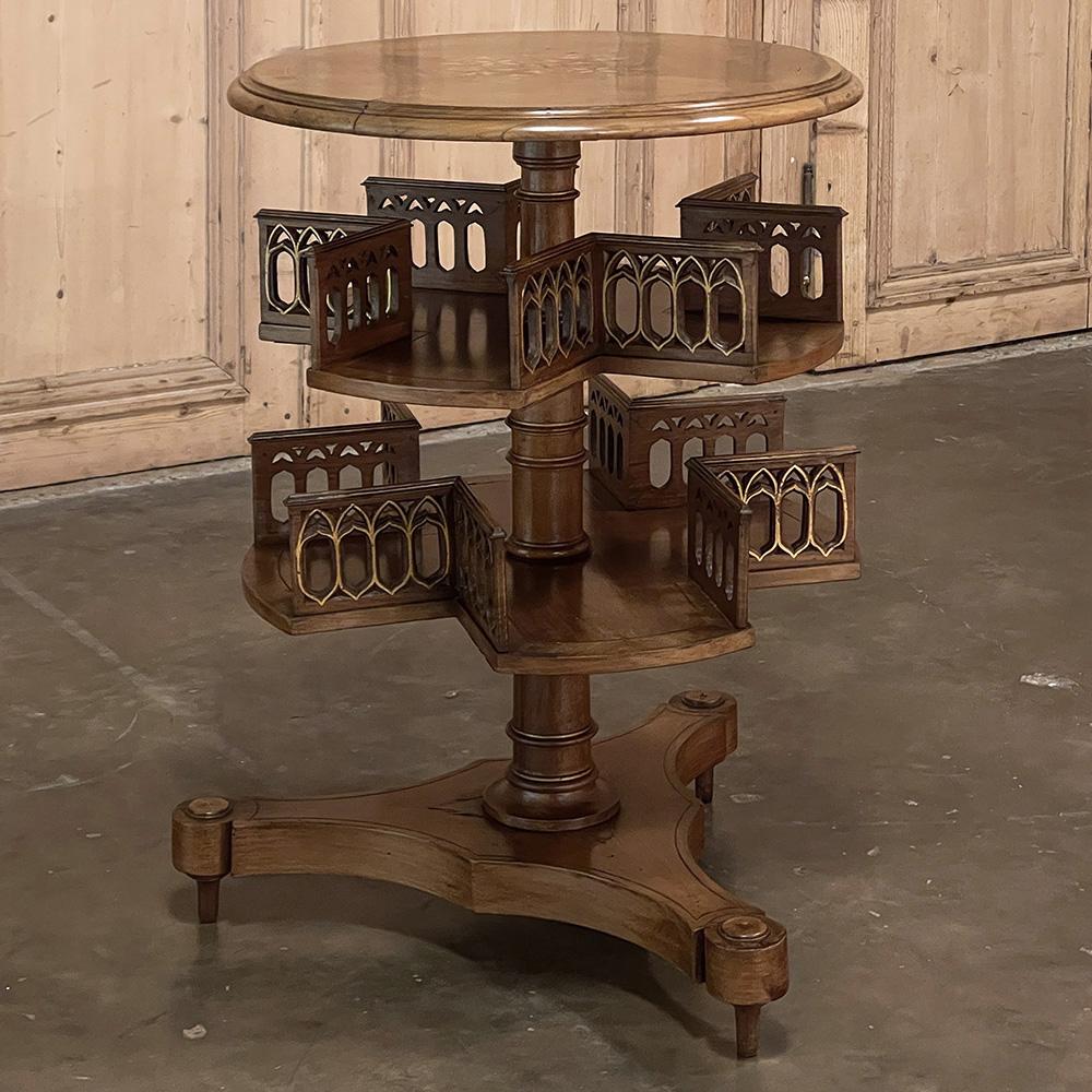 Hand-Crafted Antique French Walnut Gothic Revolving Book Stand, End Table