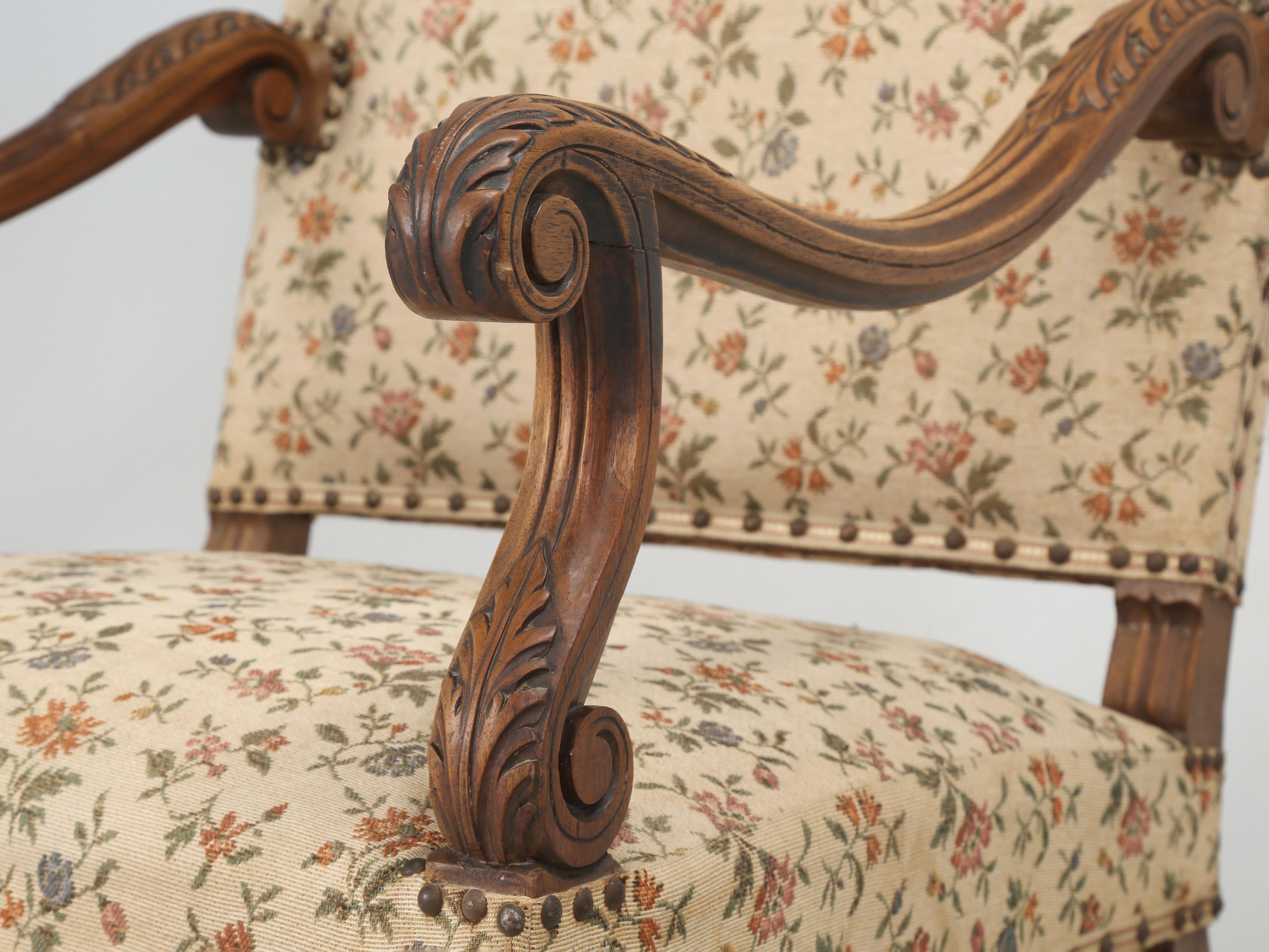 Wood Antique French Walnut Hand Carved Armchair or Throne Chair Unrestored Condition For Sale