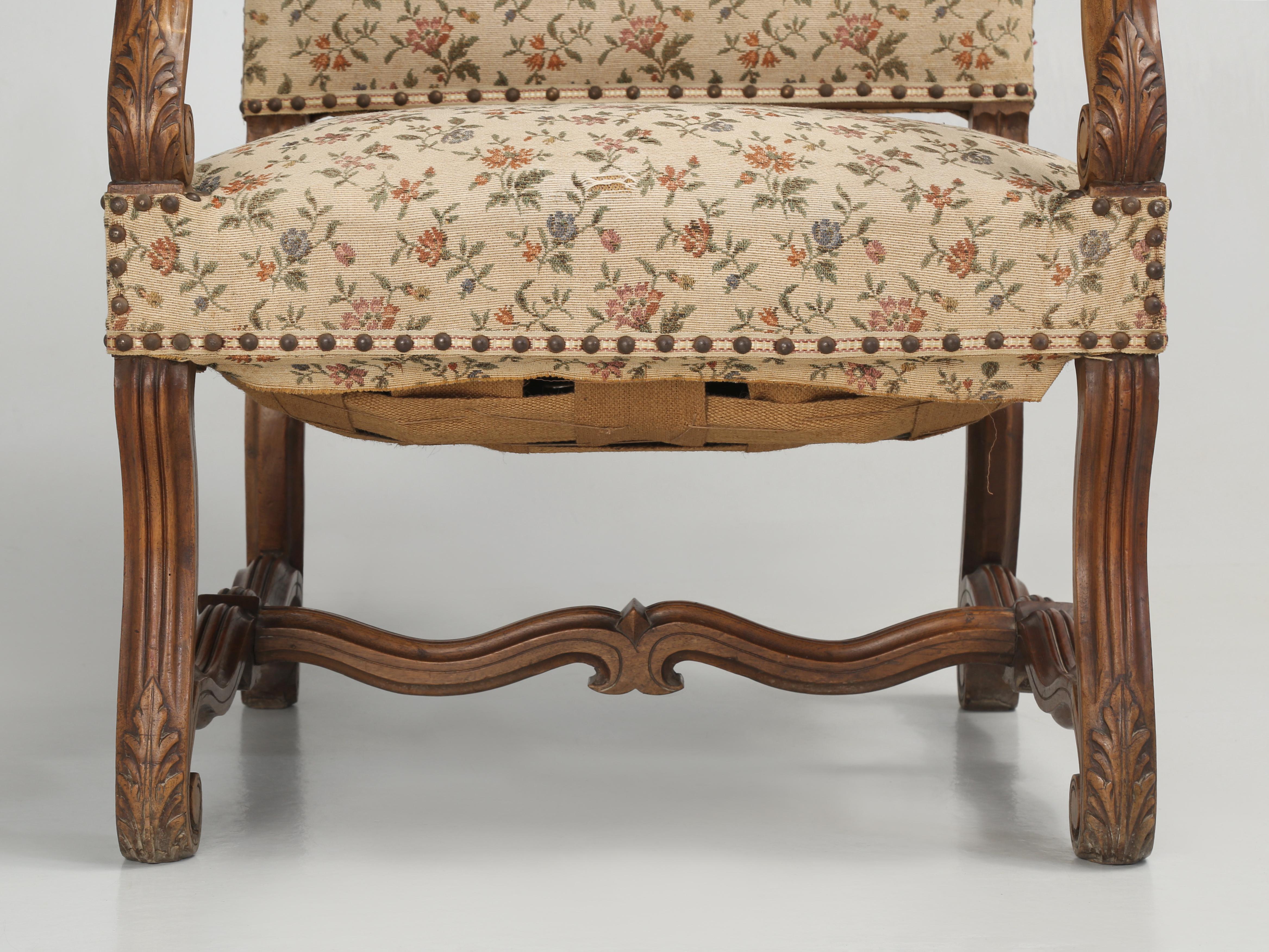 Antique French Walnut Hand Carved Armchair or Throne Chair Unrestored Condition For Sale 1