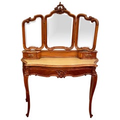 Antique French Walnut Ladies Vanity Dressing Table with Mirrors, circa 1890s