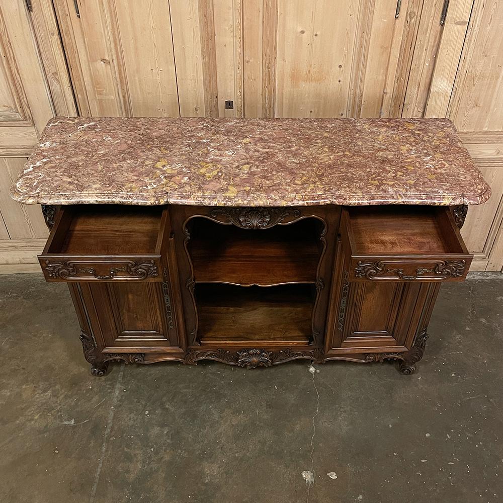 20th Century Antique French Walnut Louis XIV Marble Top Display Buffet ~ Sideboard For Sale