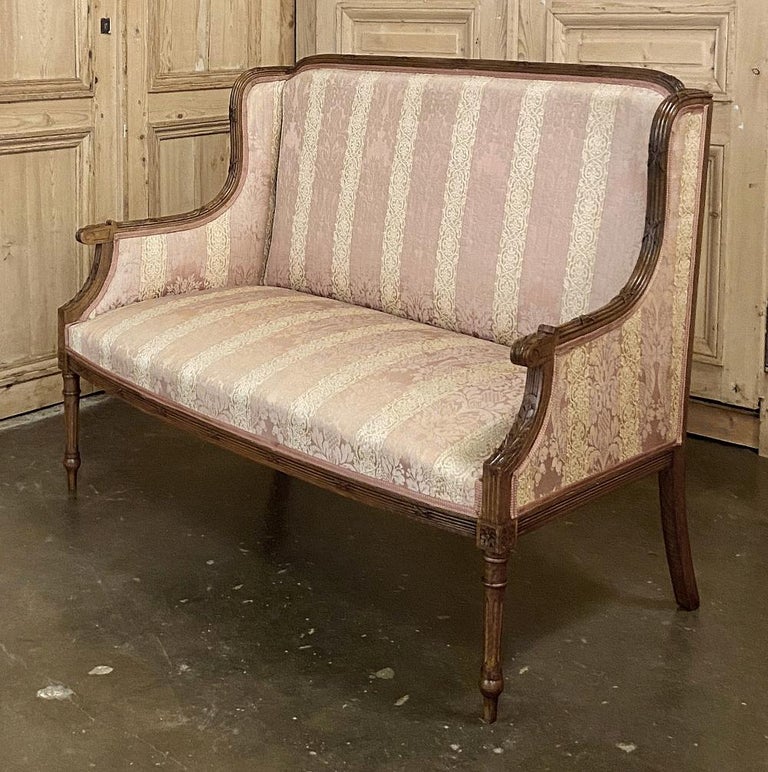 Silk Antique French Walnut Louis XVI Canape, Sofa For Sale