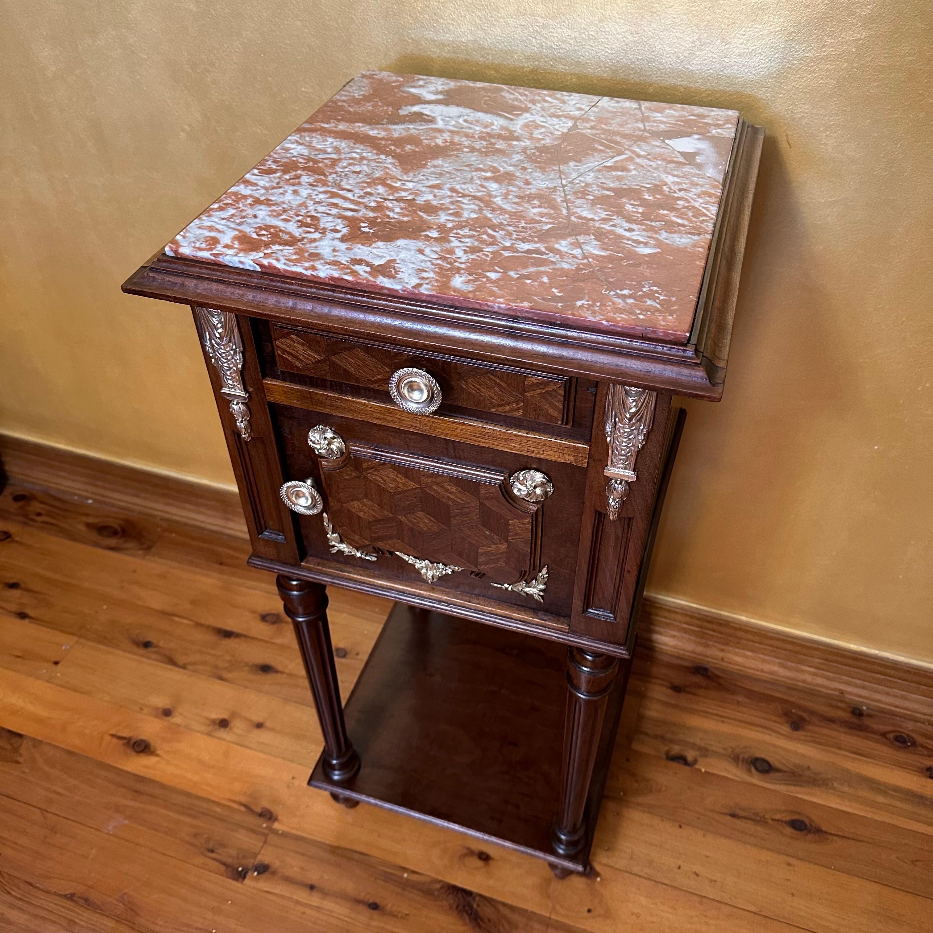 19th Century Antique French Walnut Marble Top Bedside Table For Sale