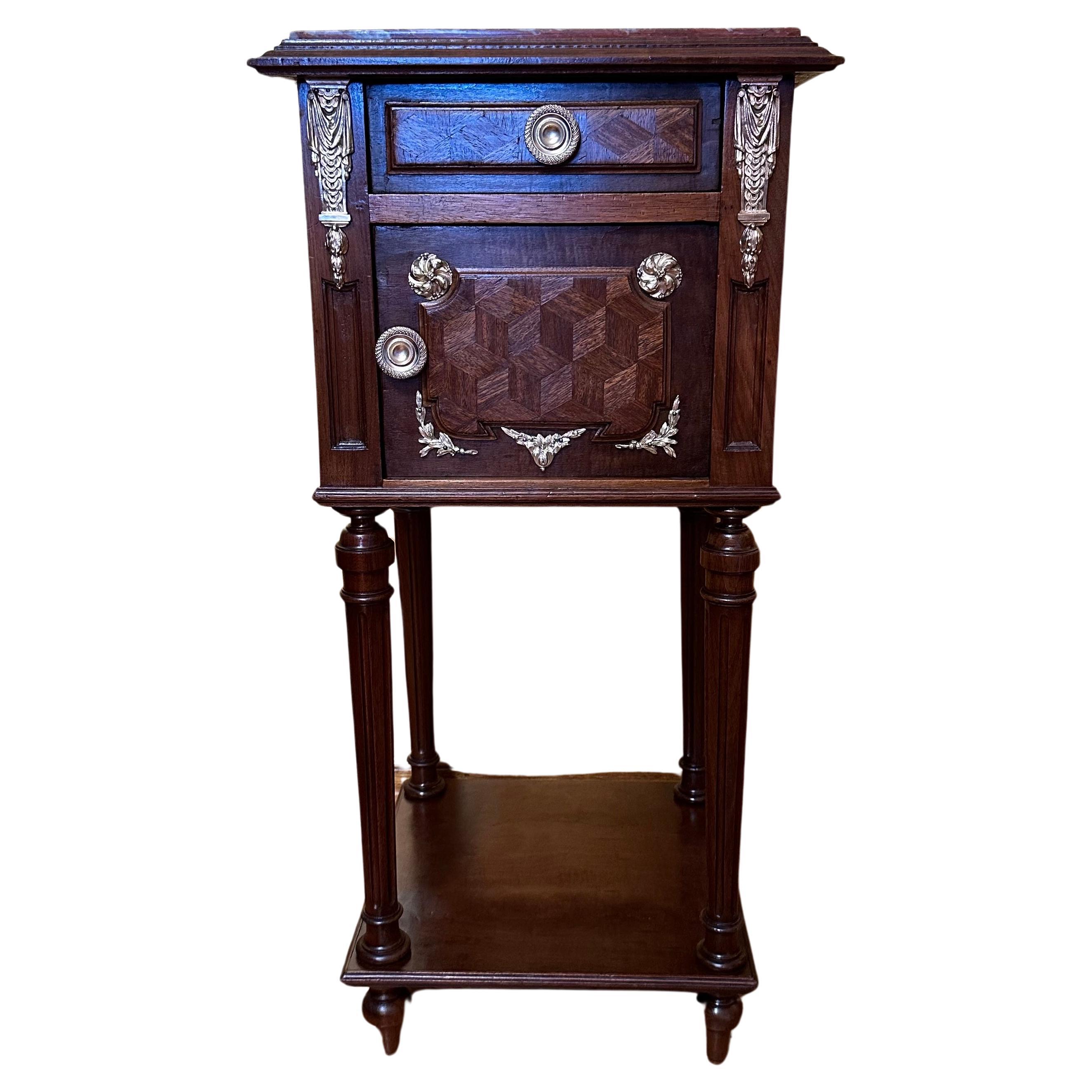 Antique French Walnut Marble Top Bedside Table