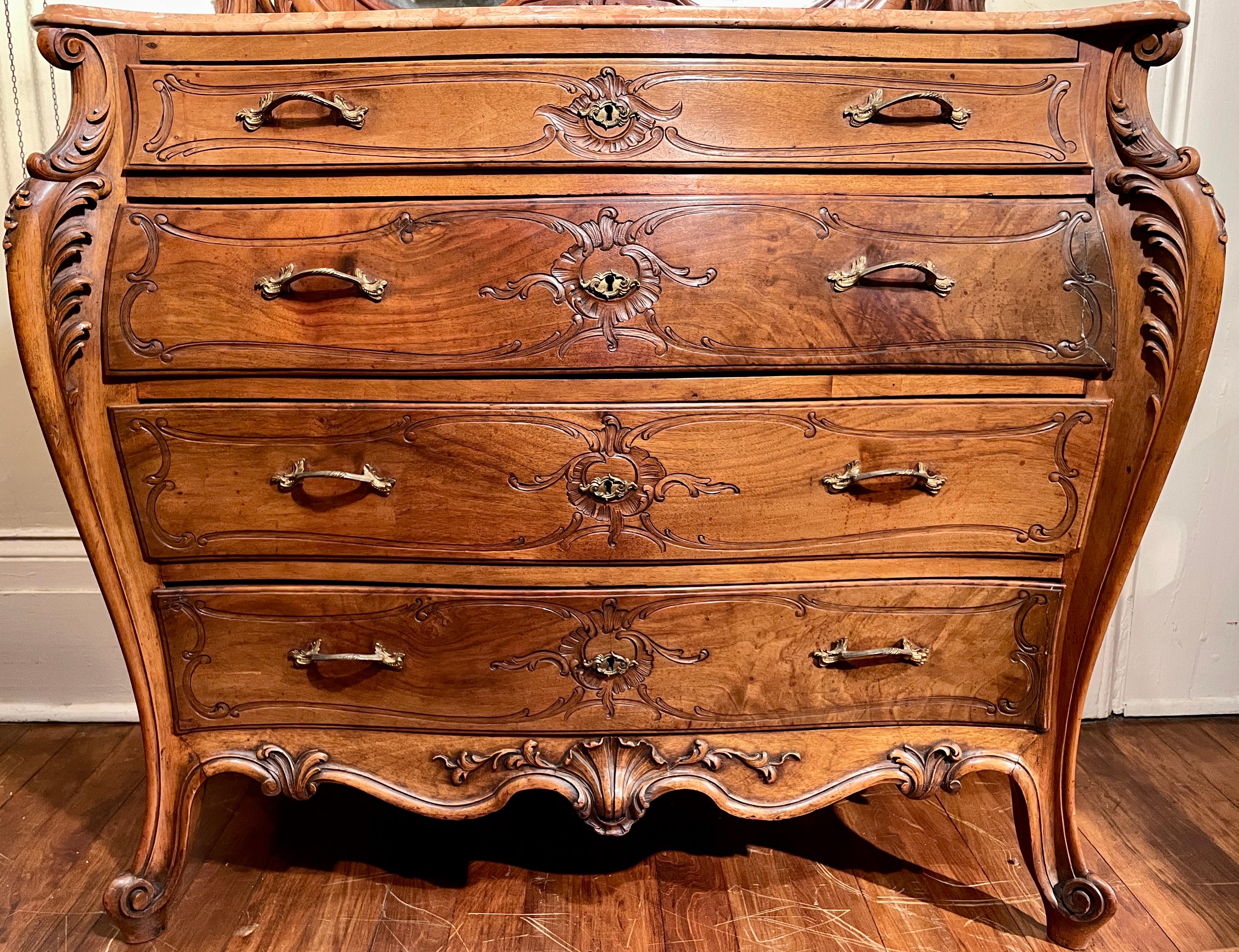 Antique French Walnut & Marble-Top Bombè Chest of Drawers with Mirror Circa 1890 For Sale 1