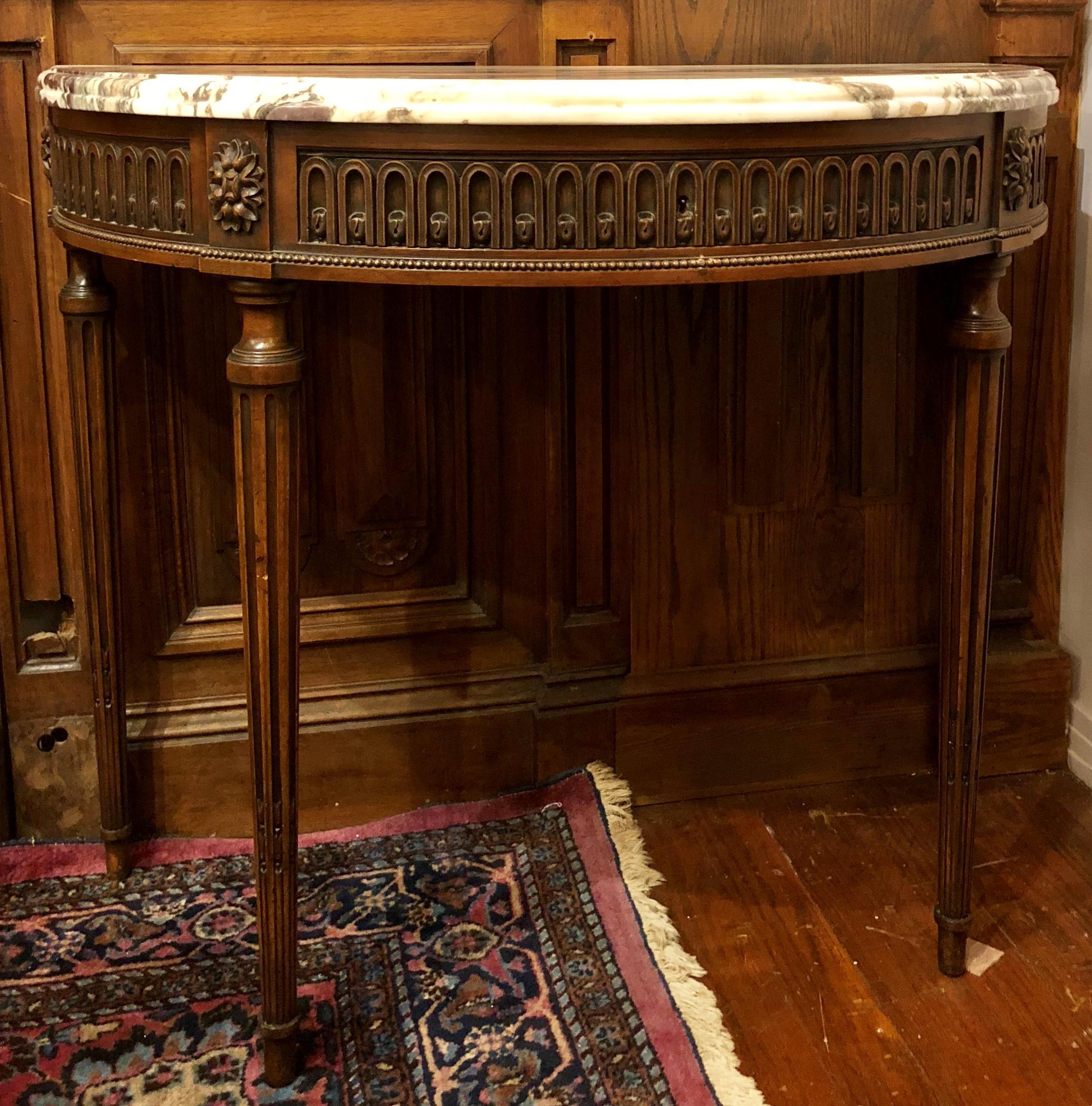 20th Century Antique French Walnut Marble-Top Demilune Console For Sale