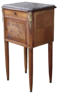 Antique French Walnut Marble Top Tobacco Humidor Stand Cabinet End Table