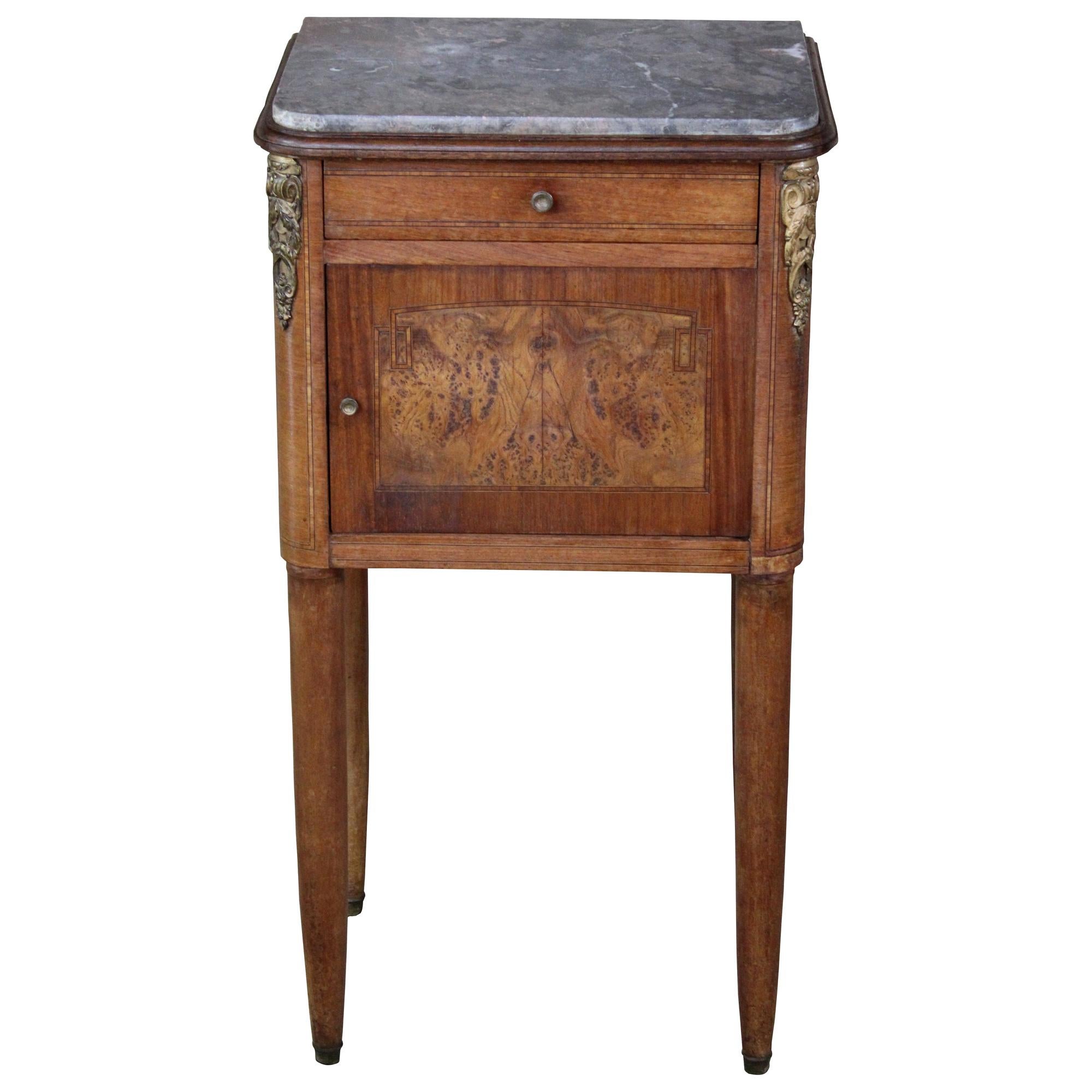 Antique French Walnut Marble Top Tobacco Humidor Stand Cabinet End Table