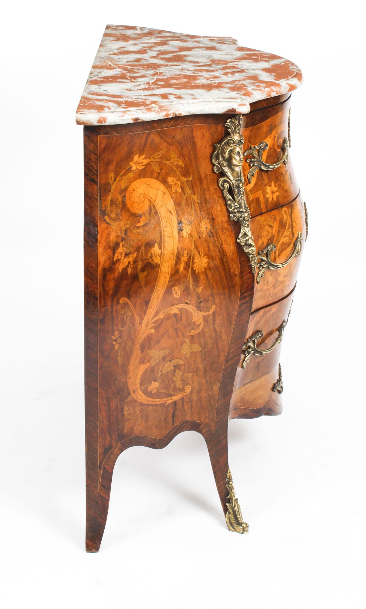 Antique French Walnut & Marquetry Commode Rouge Marble, 19th Century 5