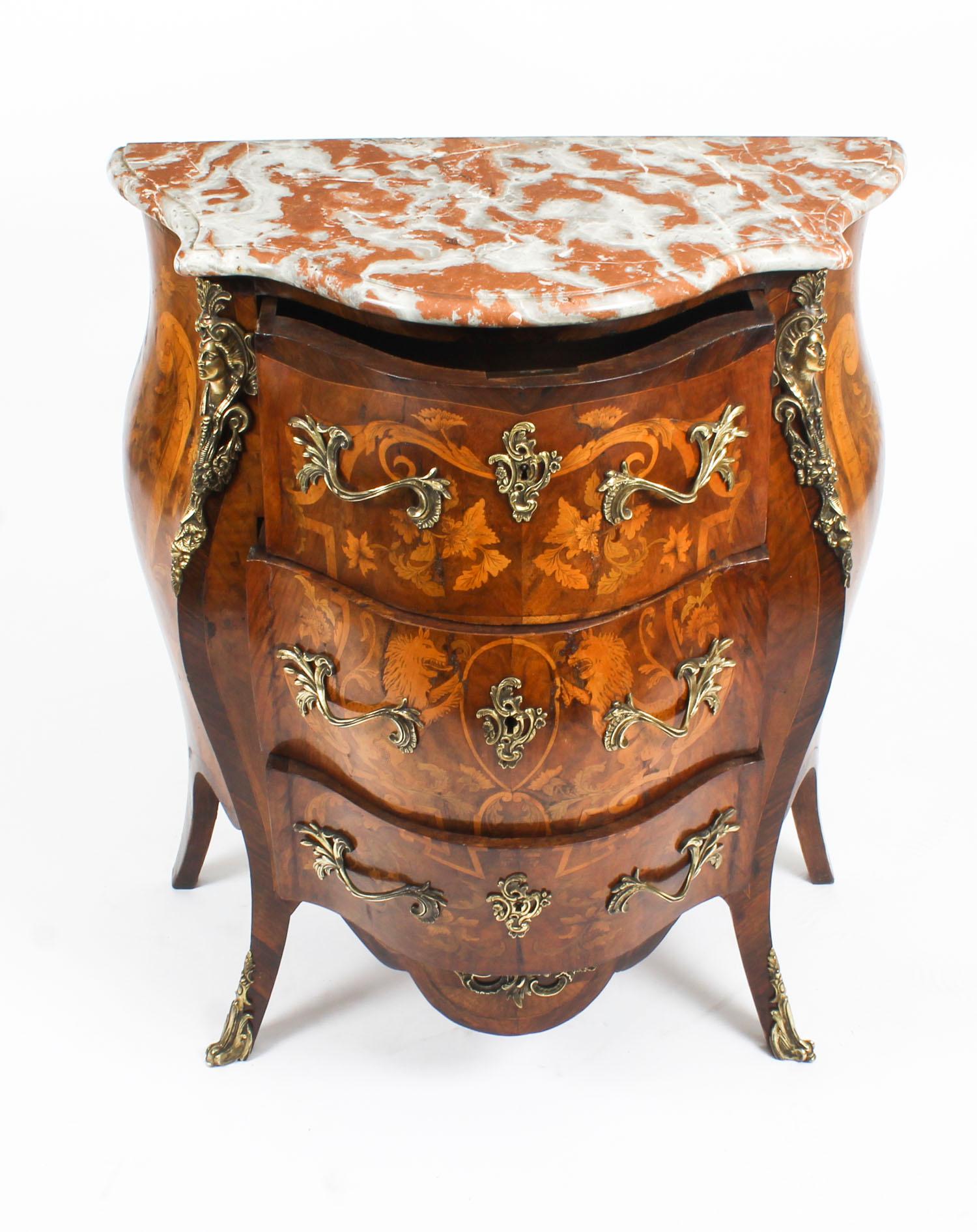 Antique French Walnut & Marquetry Commode Rouge Marble, 19th Century 9