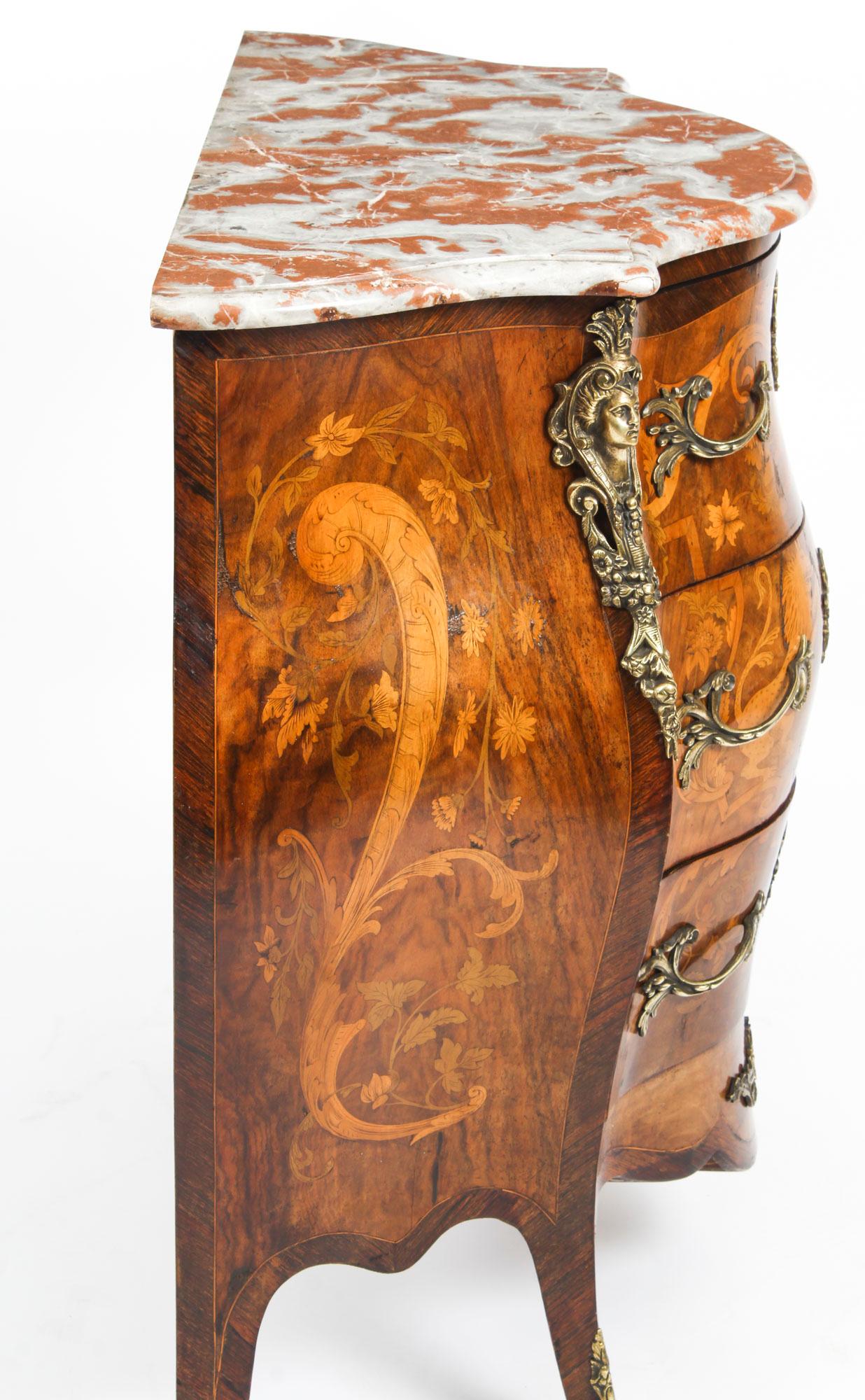 Antique French Walnut & Marquetry Commode Rouge Marble, 19th Century 15