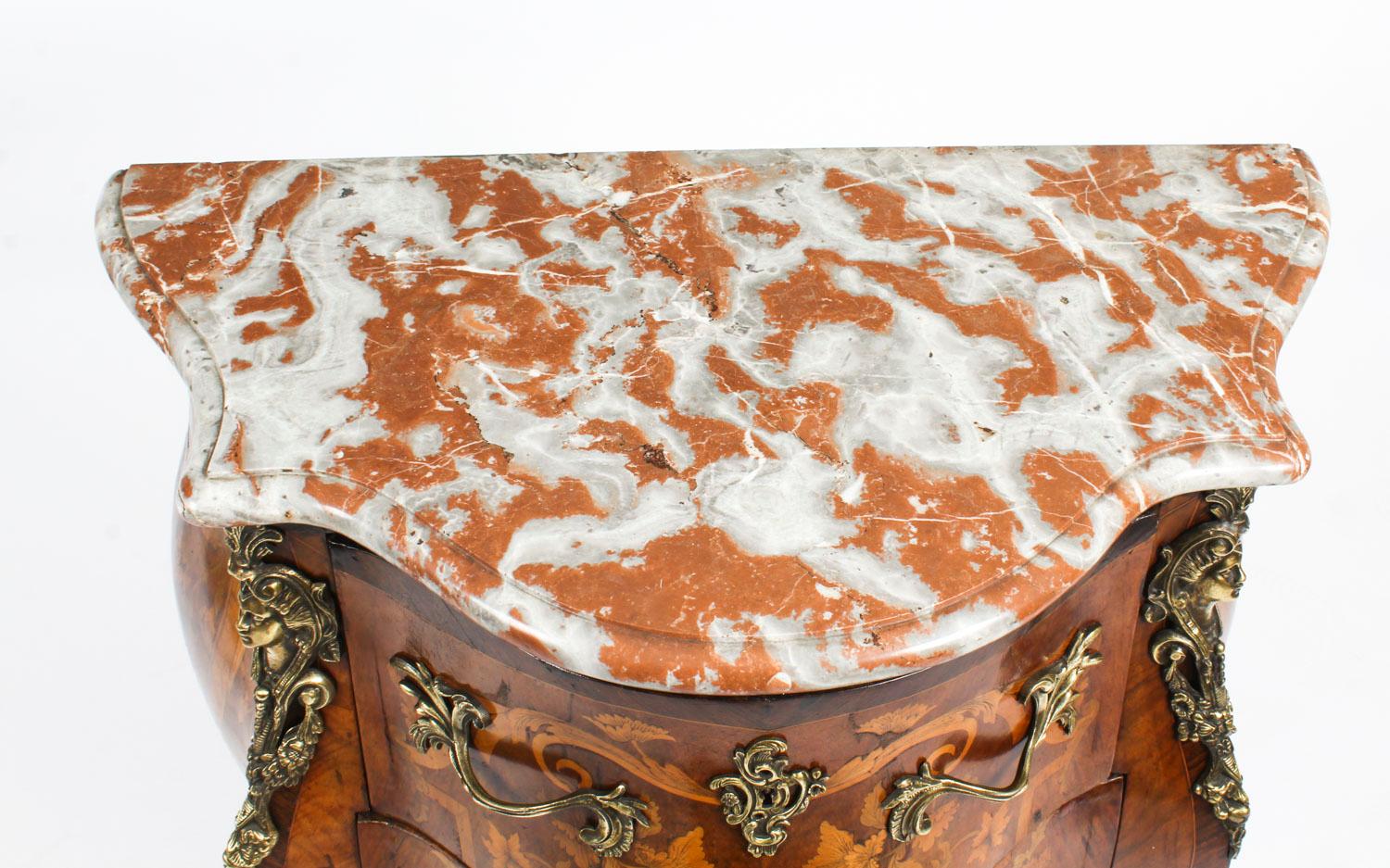 Antique French Walnut & Marquetry Commode Rouge Marble, 19th Century In Good Condition In London, GB