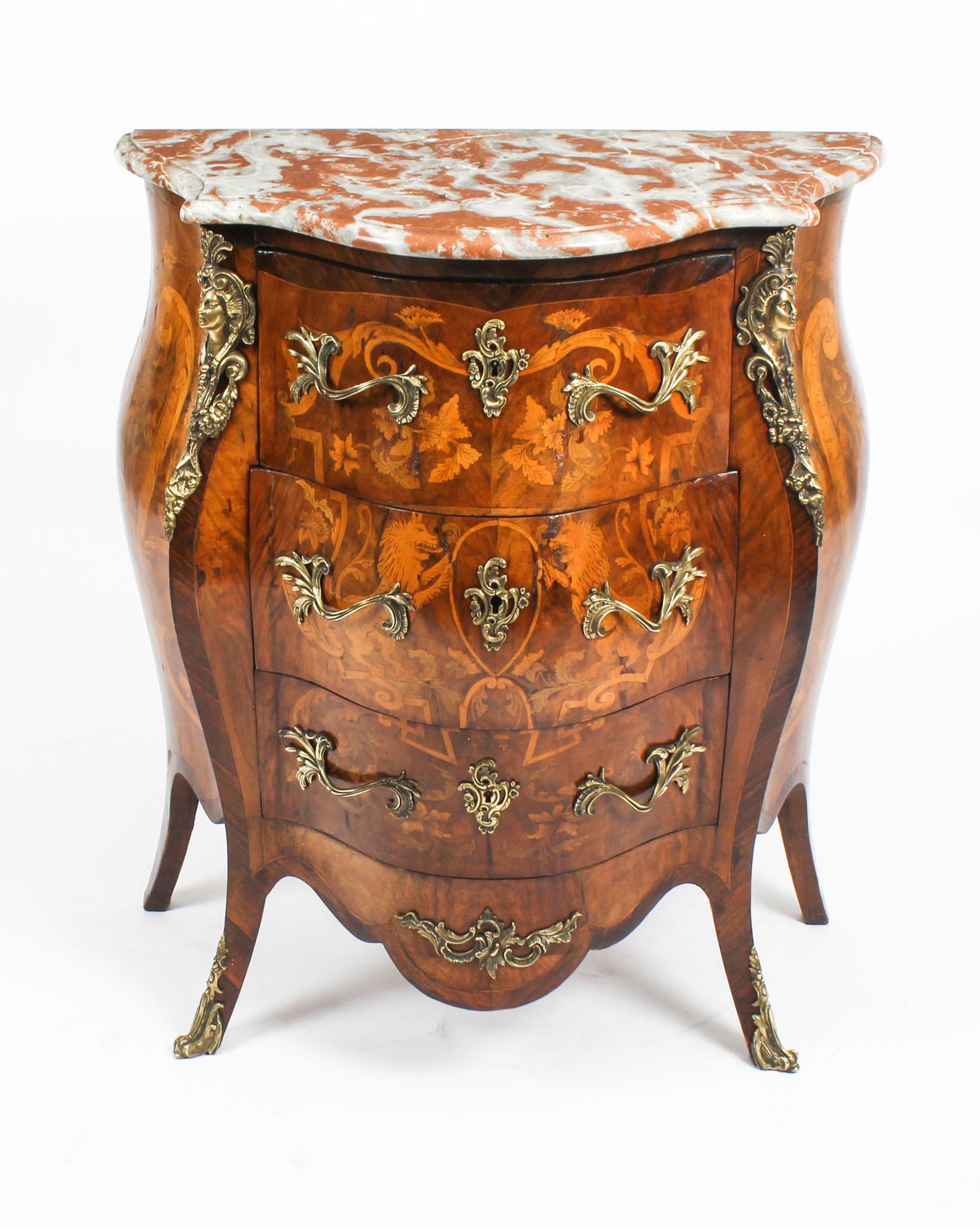 Antique French Walnut & Marquetry Commode Rouge Marble, 19th Century 1