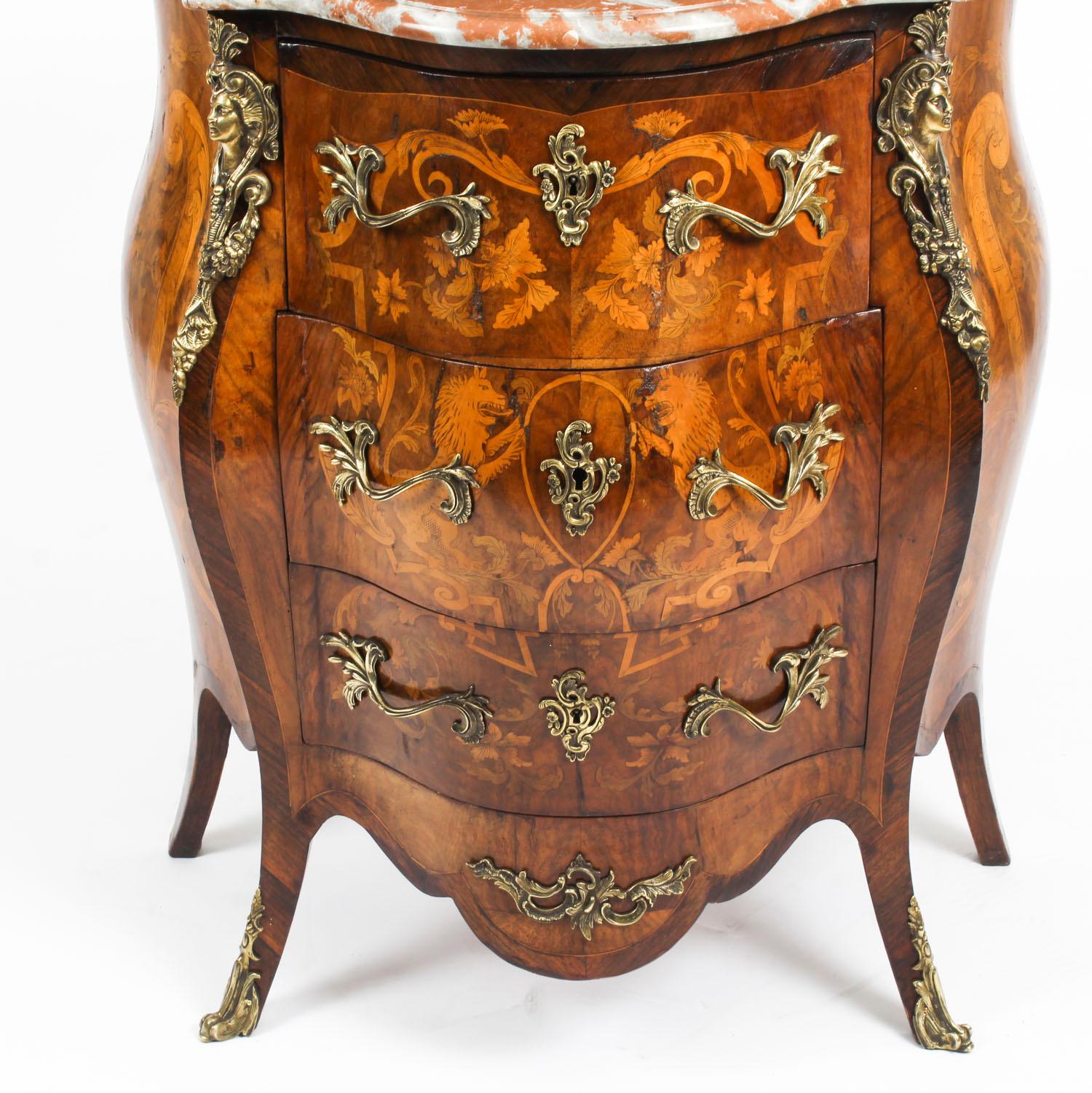 Antique French Walnut & Marquetry Commode Rouge Marble, 19th Century 2