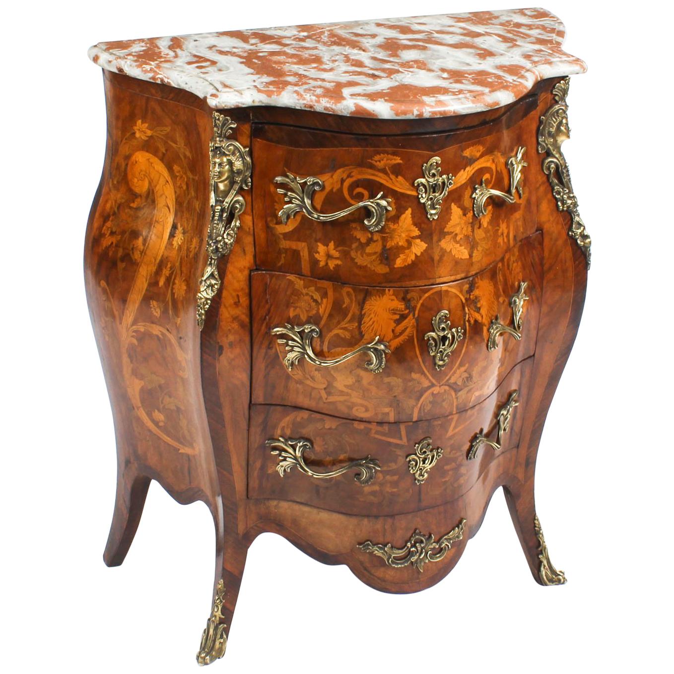 Antique French Walnut & Marquetry Commode Rouge Marble, 19th Century
