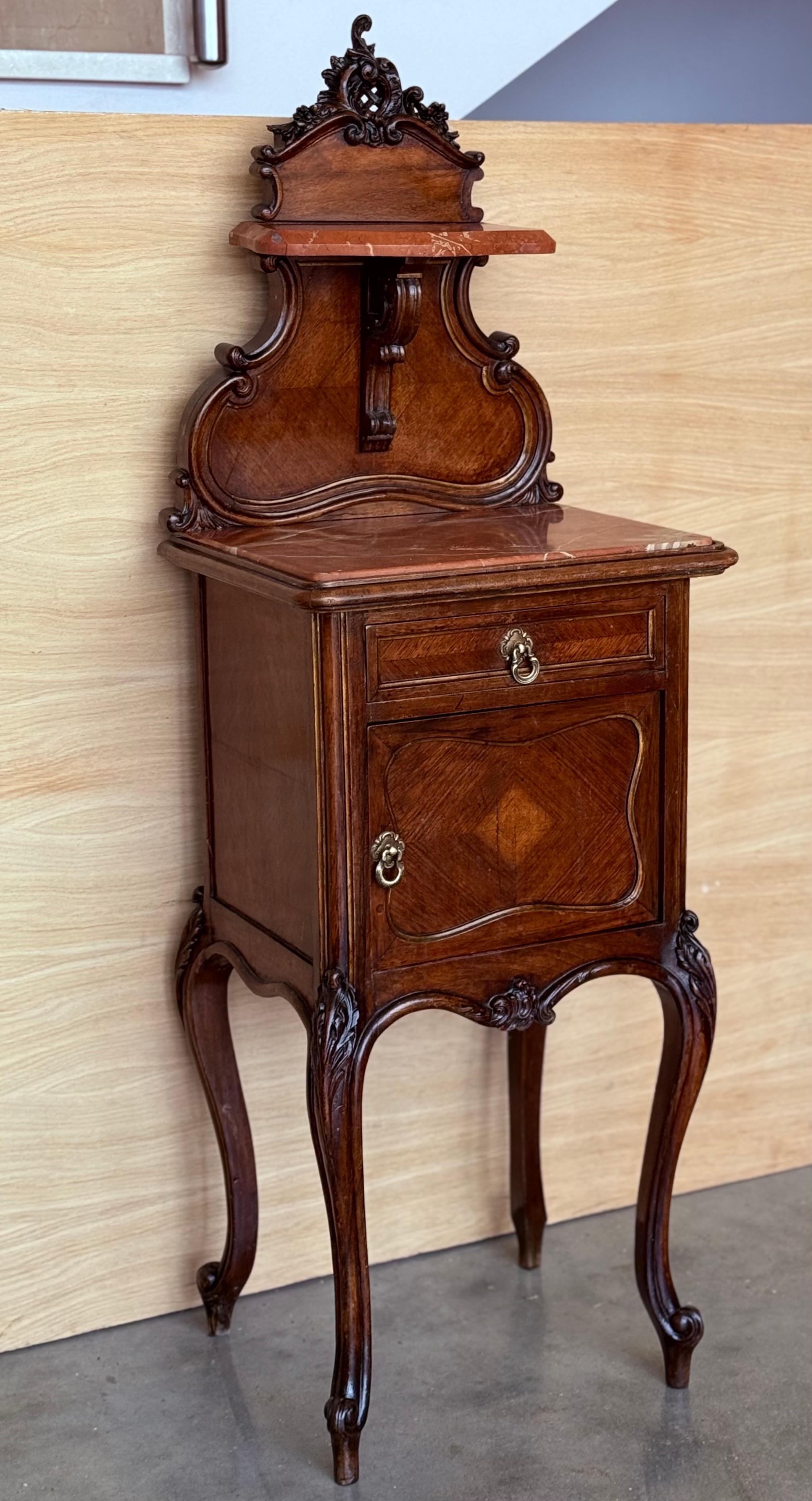 French Provincial Antique French Walnut Night Stands with marble top and crest, 1900 For Sale