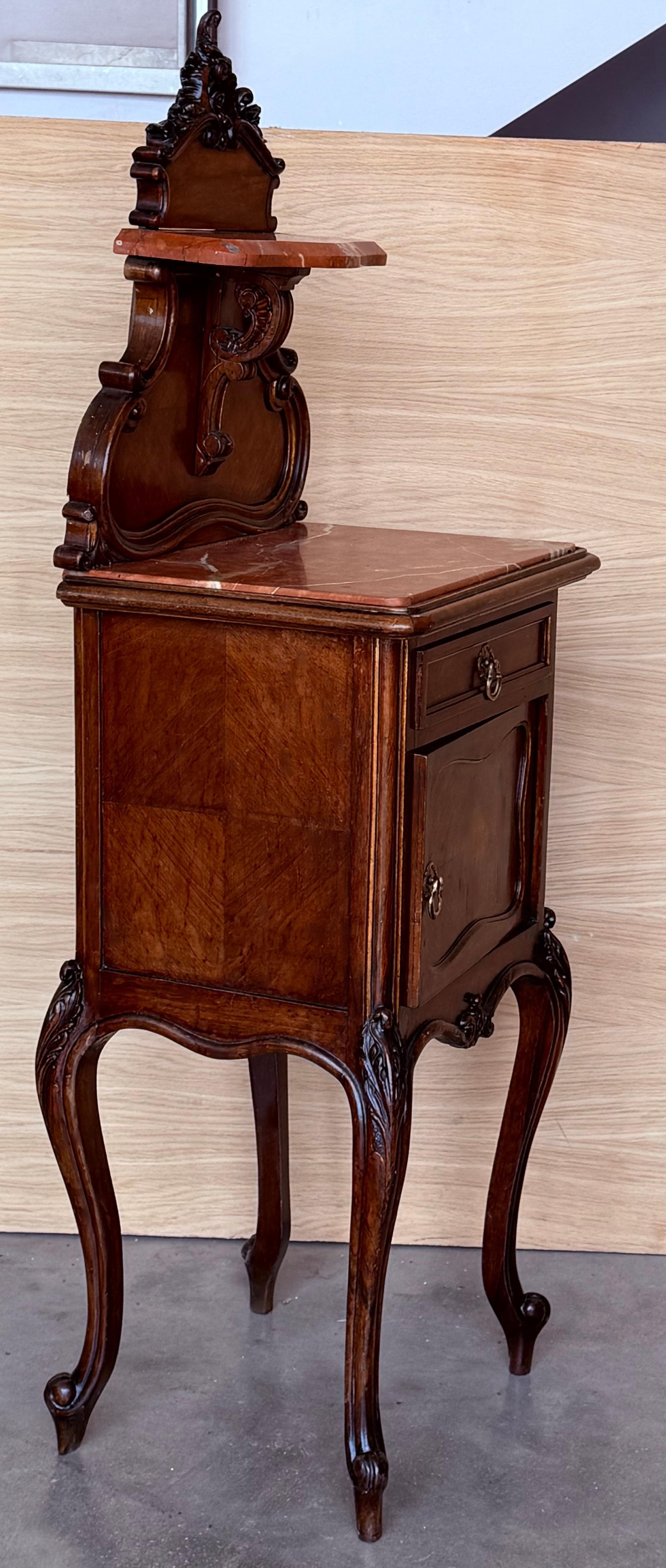 20th Century Antique French Walnut Night Stands with marble top and crest, 1900 For Sale