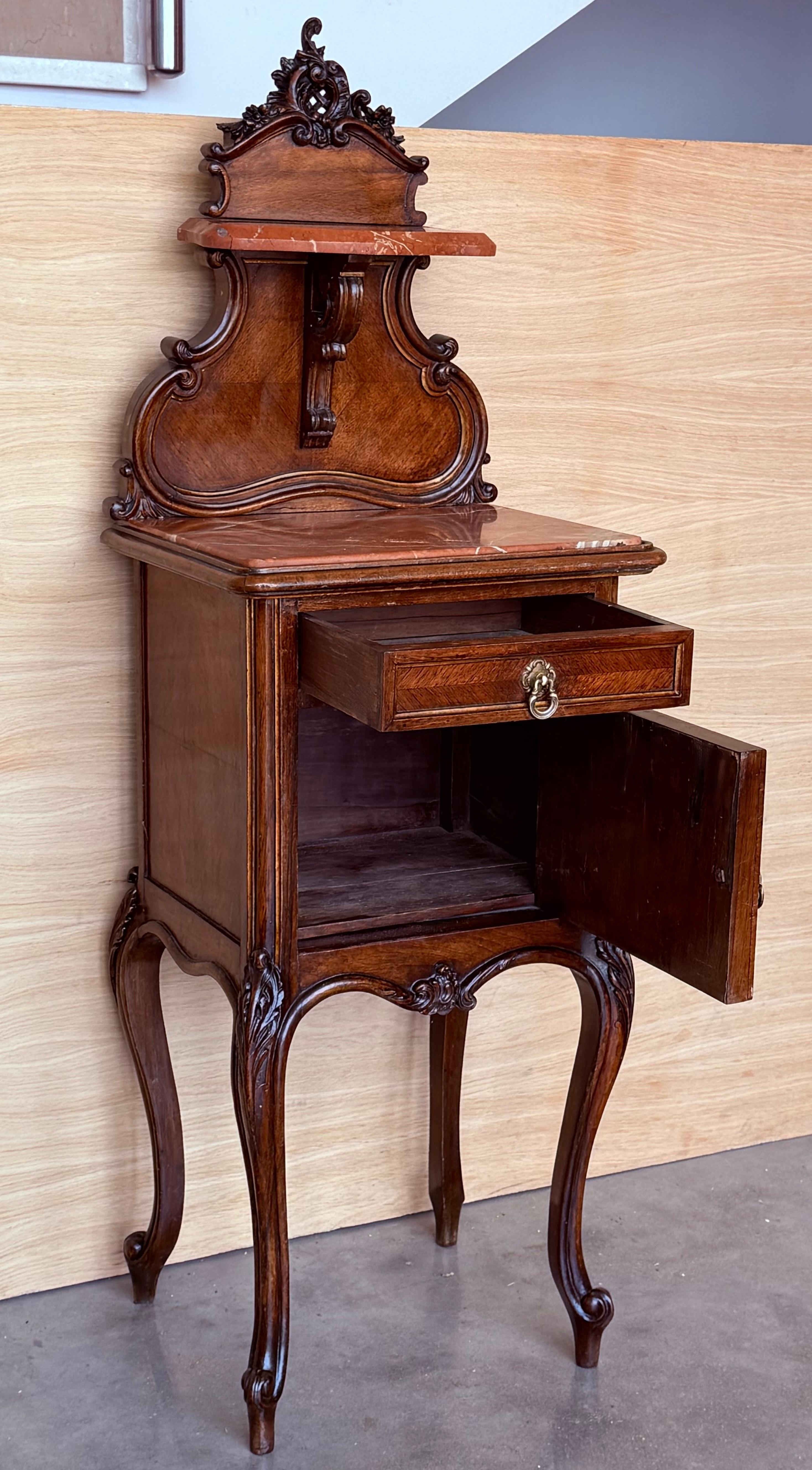 Antique French Walnut Night Stands with marble top and crest, 1900 For Sale 1