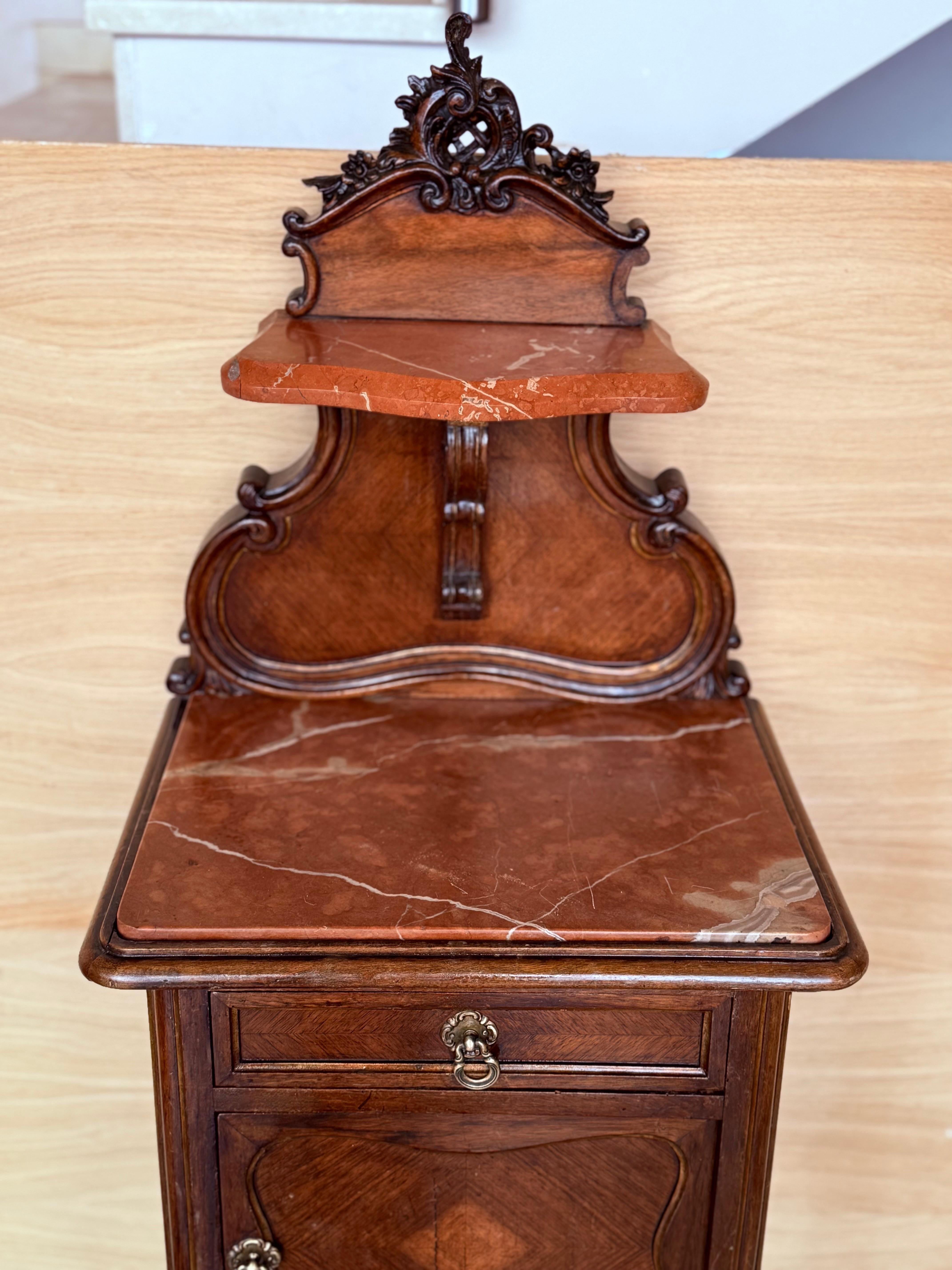 Antique French Walnut Night Stands with marble top and crest, 1900 For Sale 3