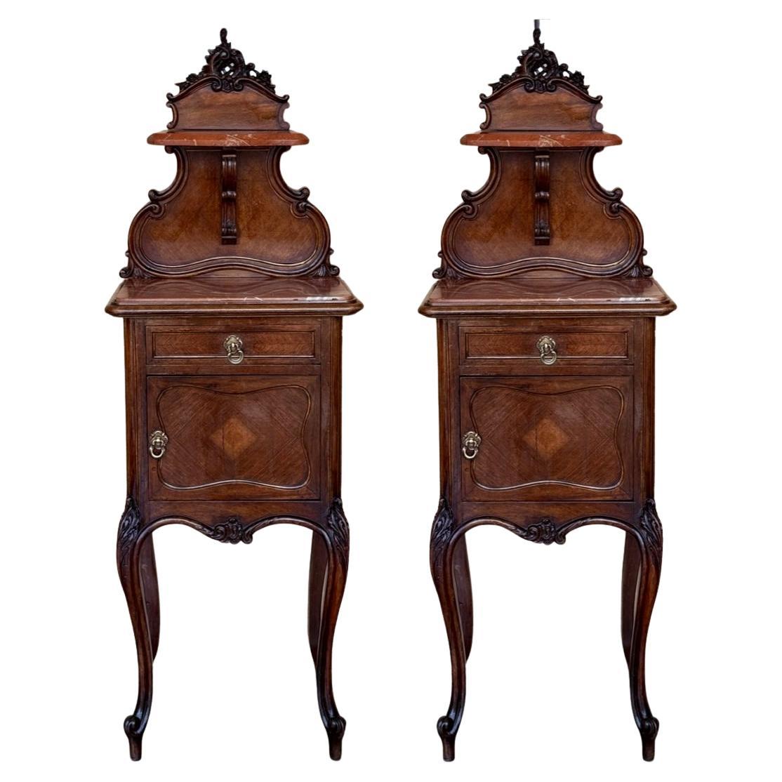 Antique French Walnut Night Stands with marble top and crest, 1900