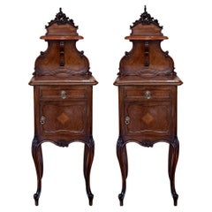 Antique French Walnut Night Stands with marble top and crest, 1900