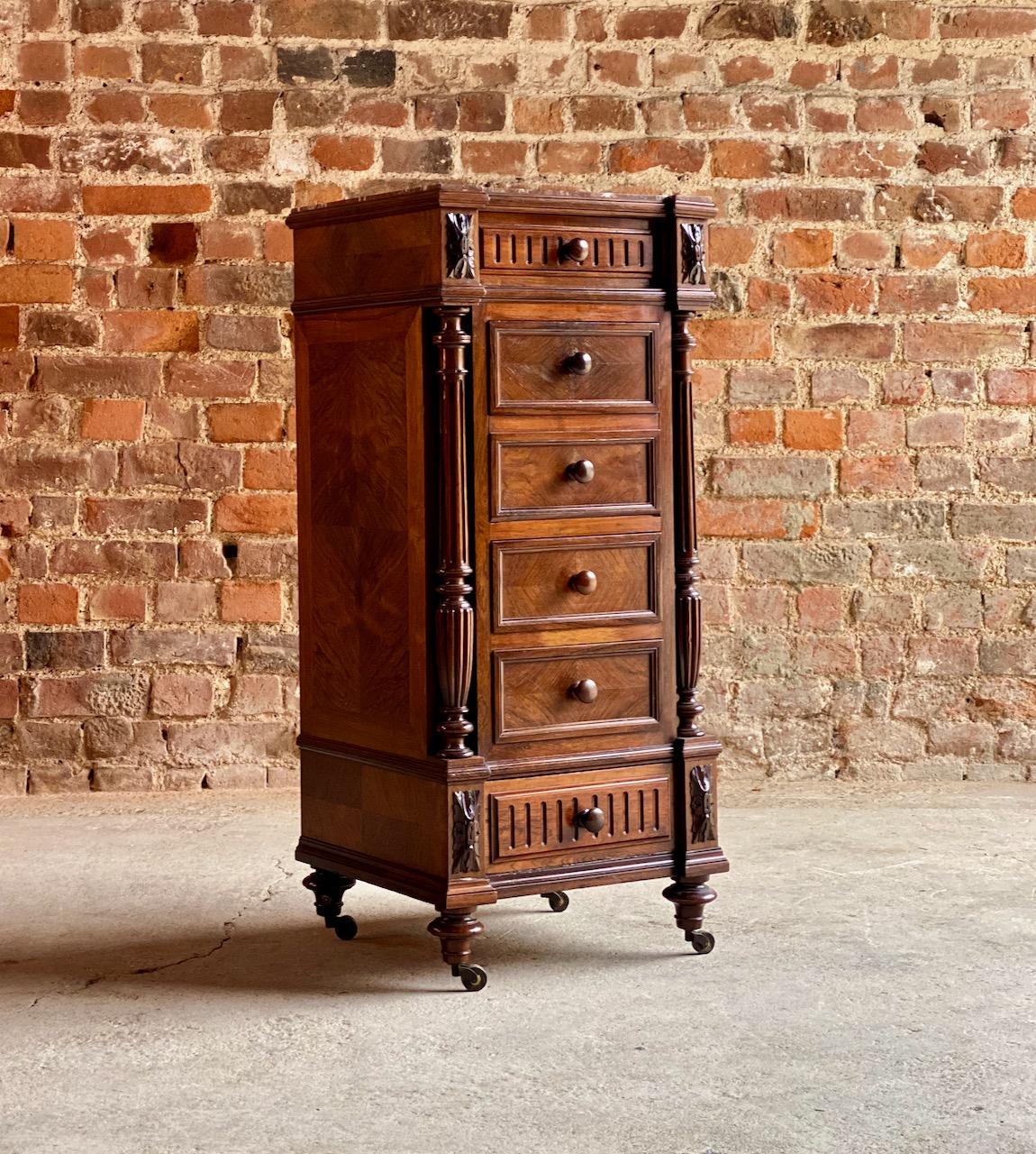 Antique French walnut nightstand bedside table side cabinet marble 1890

This is a 19th century French marble topped Walnut bedside cabinet or nightstand dating to circa 1890, the wonderful mellow tones of the Walnut with a breakfront design with