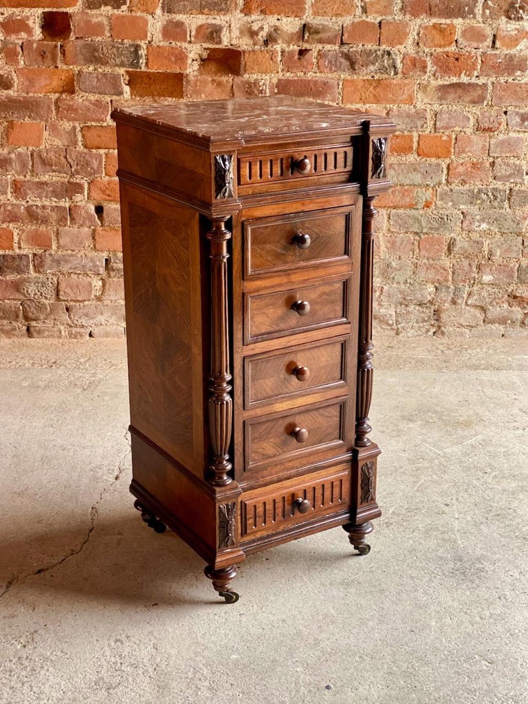 Late 19th Century Antique French Walnut Nightstand Bedside Table Side Cabinet Marble, 1890 For Sale