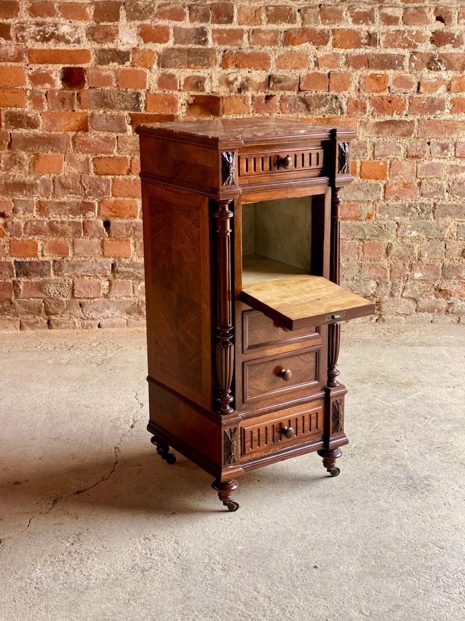 Late 19th Century Antique French Walnut Nightstand Bedside Table Side Cabinet Marble, 1890 For Sale