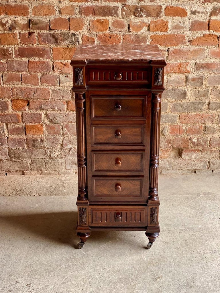 Antique French Walnut Nightstand Bedside Table Side Cabinet Marble, 1890 For Sale 4