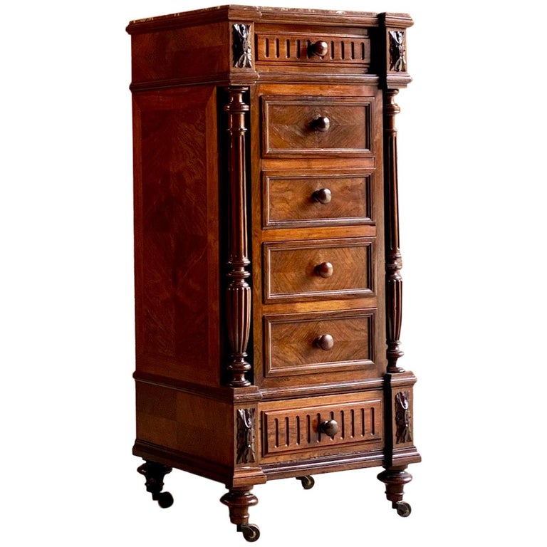 Antique French Walnut Nightstand Bedside Table Side Cabinet Marble, 1890 For Sale