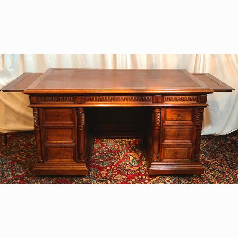 Antique French Walnut Partner's Desk with Leaves and Lock Drawer, circa
