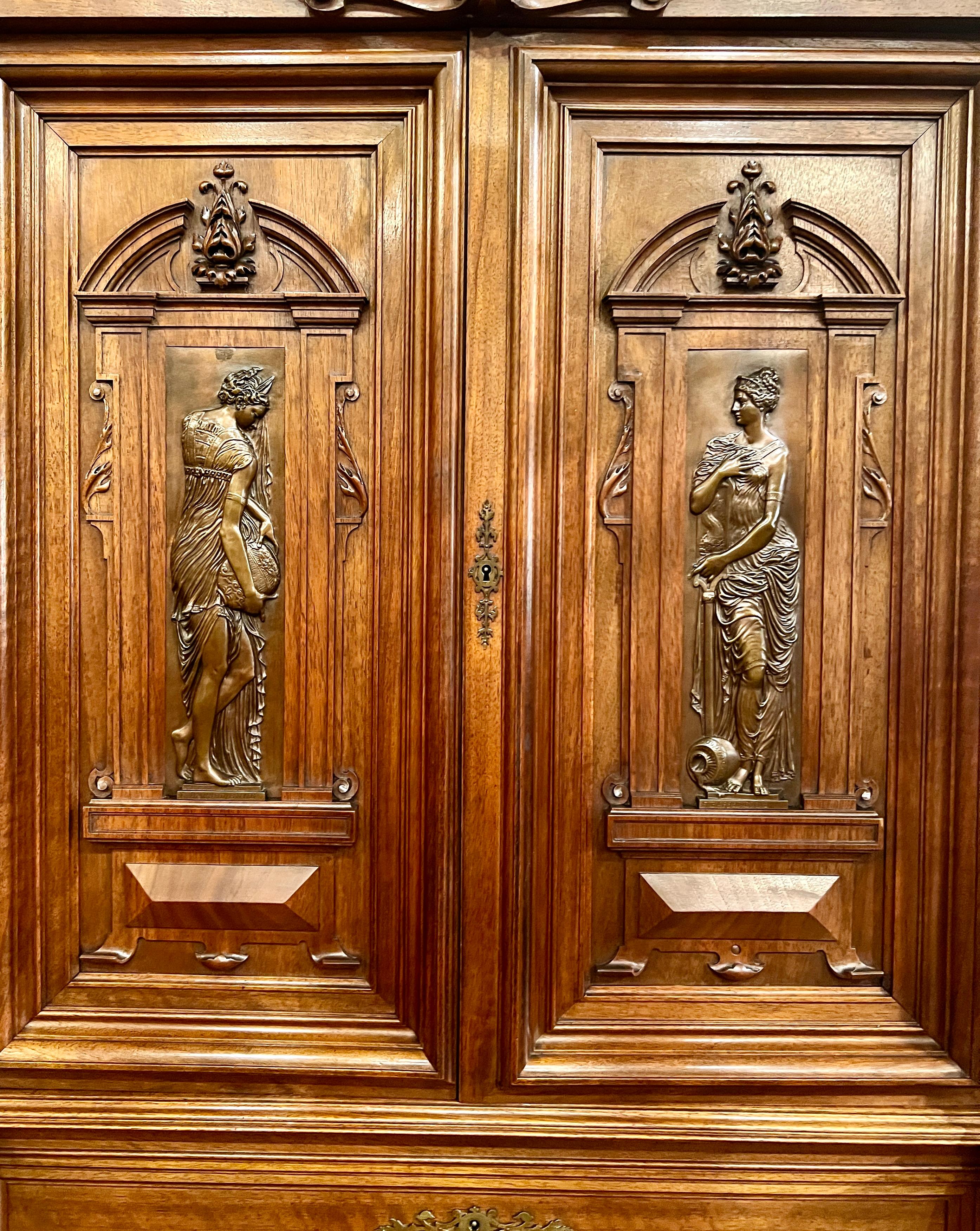 19th Century Antique French Walnut Renaissance Cabinet with Bronze Plaques by Barbedienne. For Sale