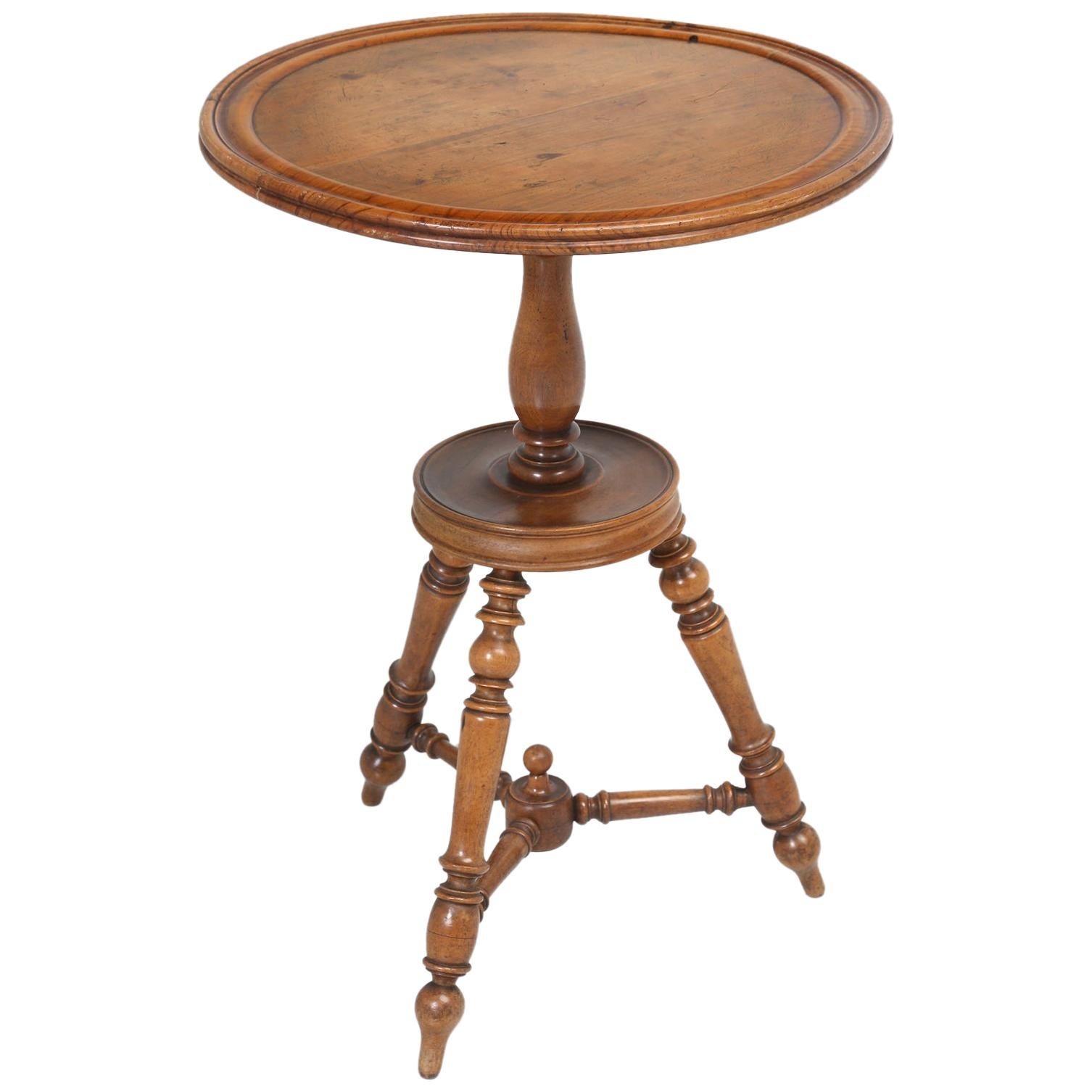 Antique French Walnut Round Petite Drink or Wine Side Table