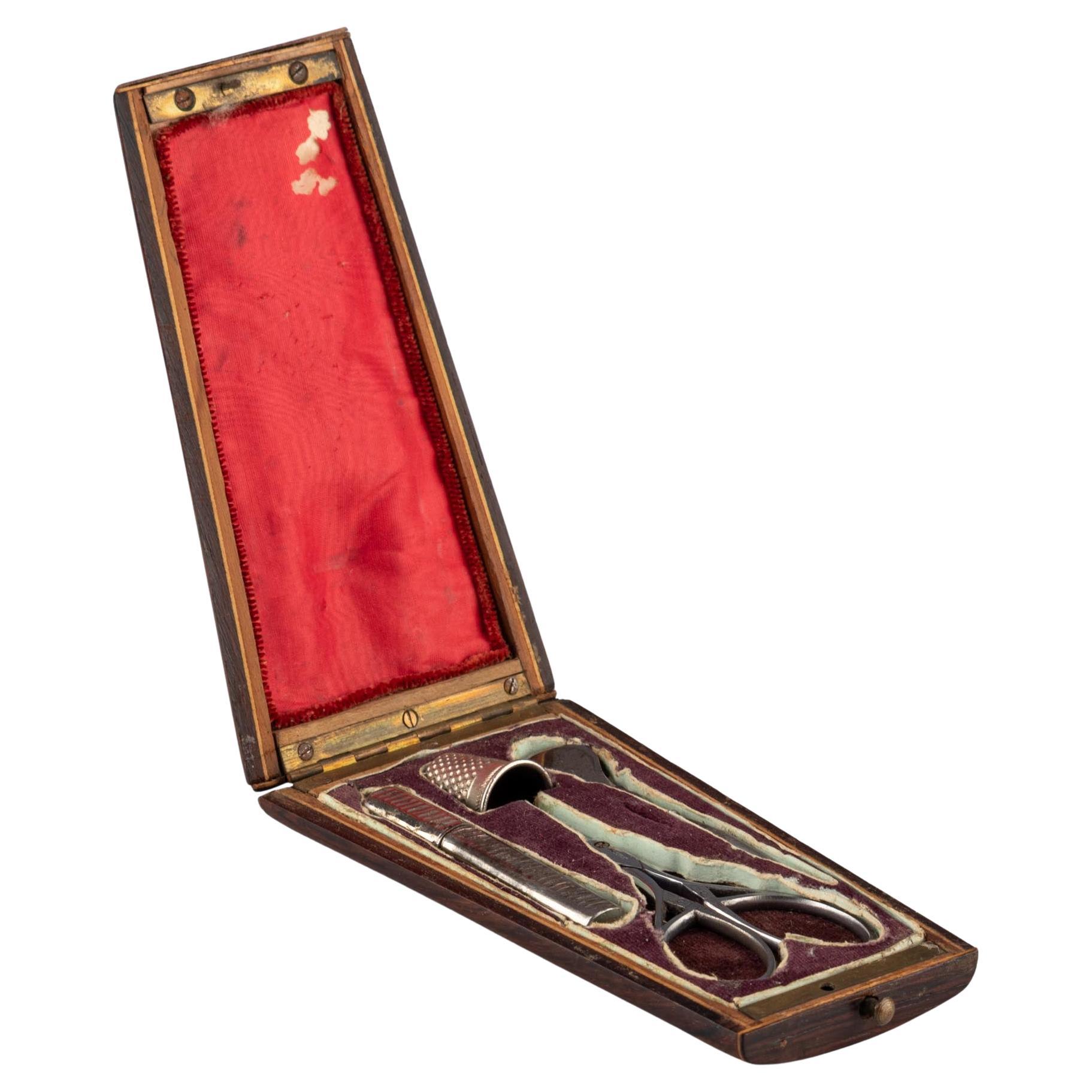 Antique French Walnut Sewing Set Case, Napoleon III Étui, Needle Case For Sale