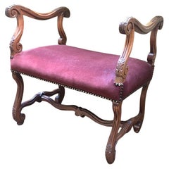 Antique French Walnut Short Upholstered Bench w/ Serpentine Arms & Stretcher
