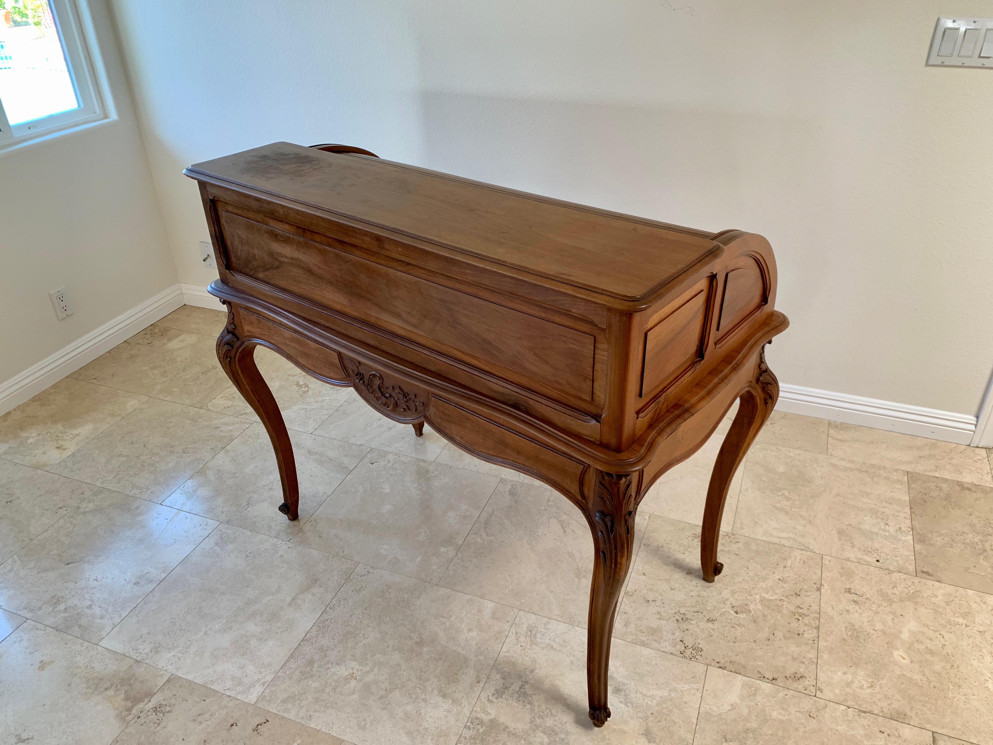 Louis XV Antique French Walnut Tambour Top Desk For Sale