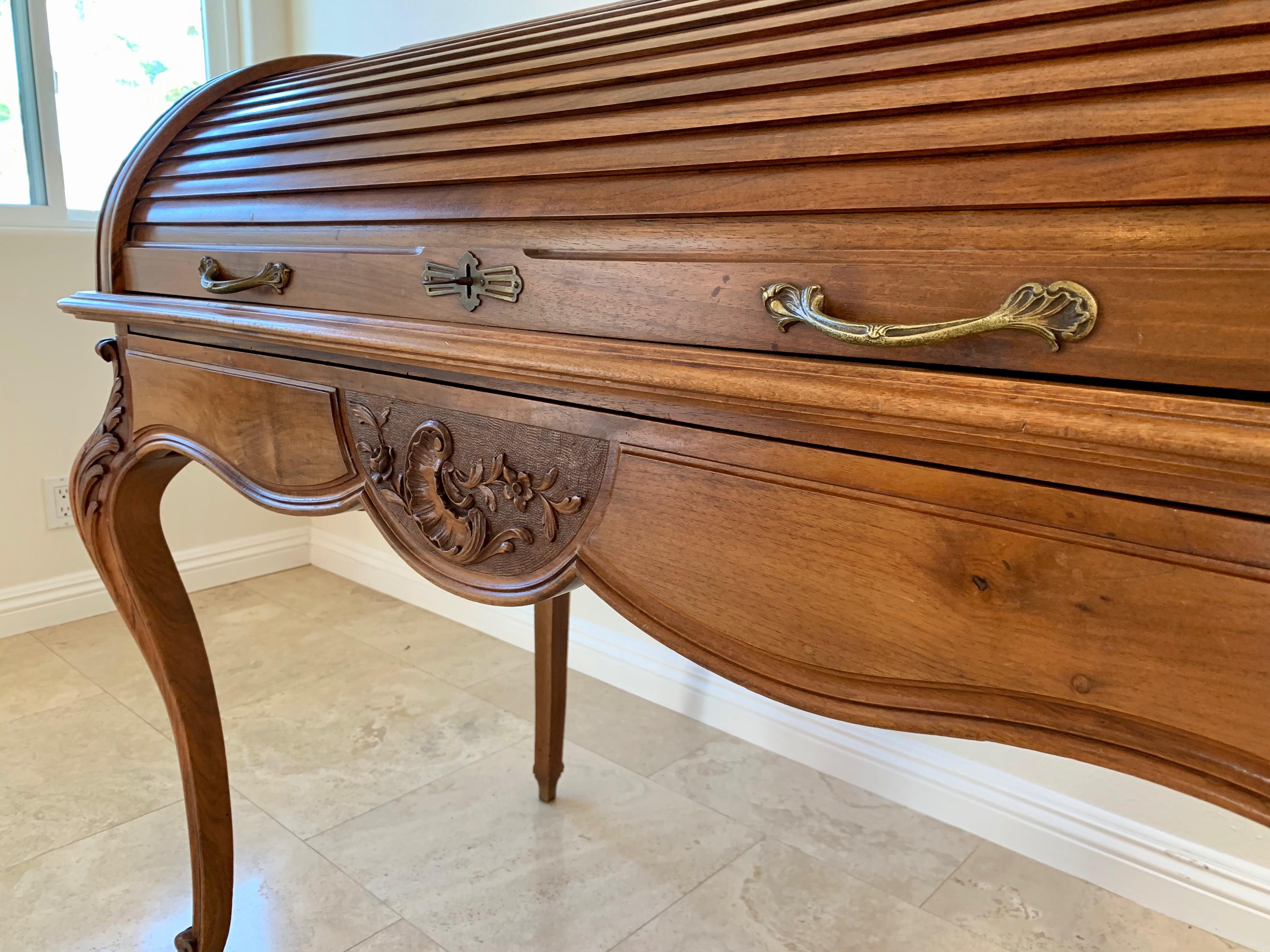 19th Century Antique French Walnut Tambour Top Desk