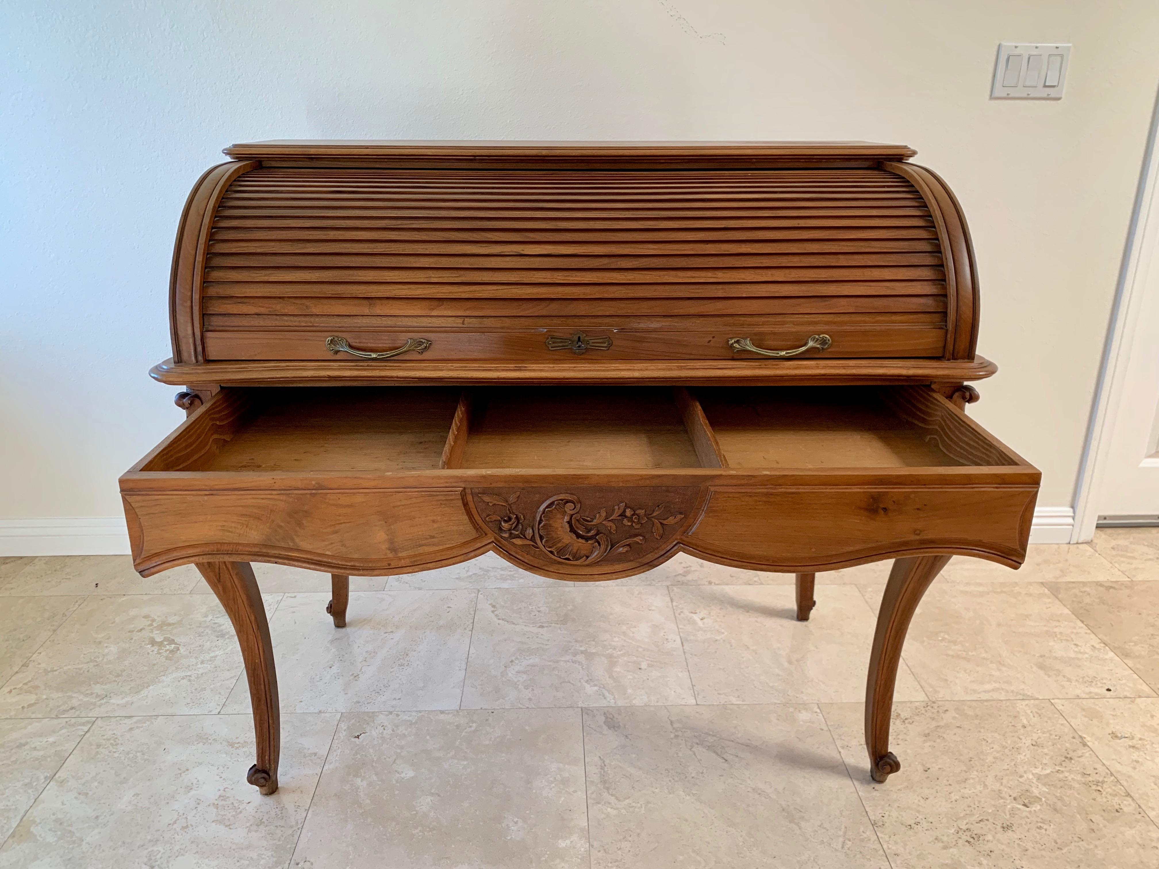 Oak Antique French Walnut Tambour Top Desk For Sale