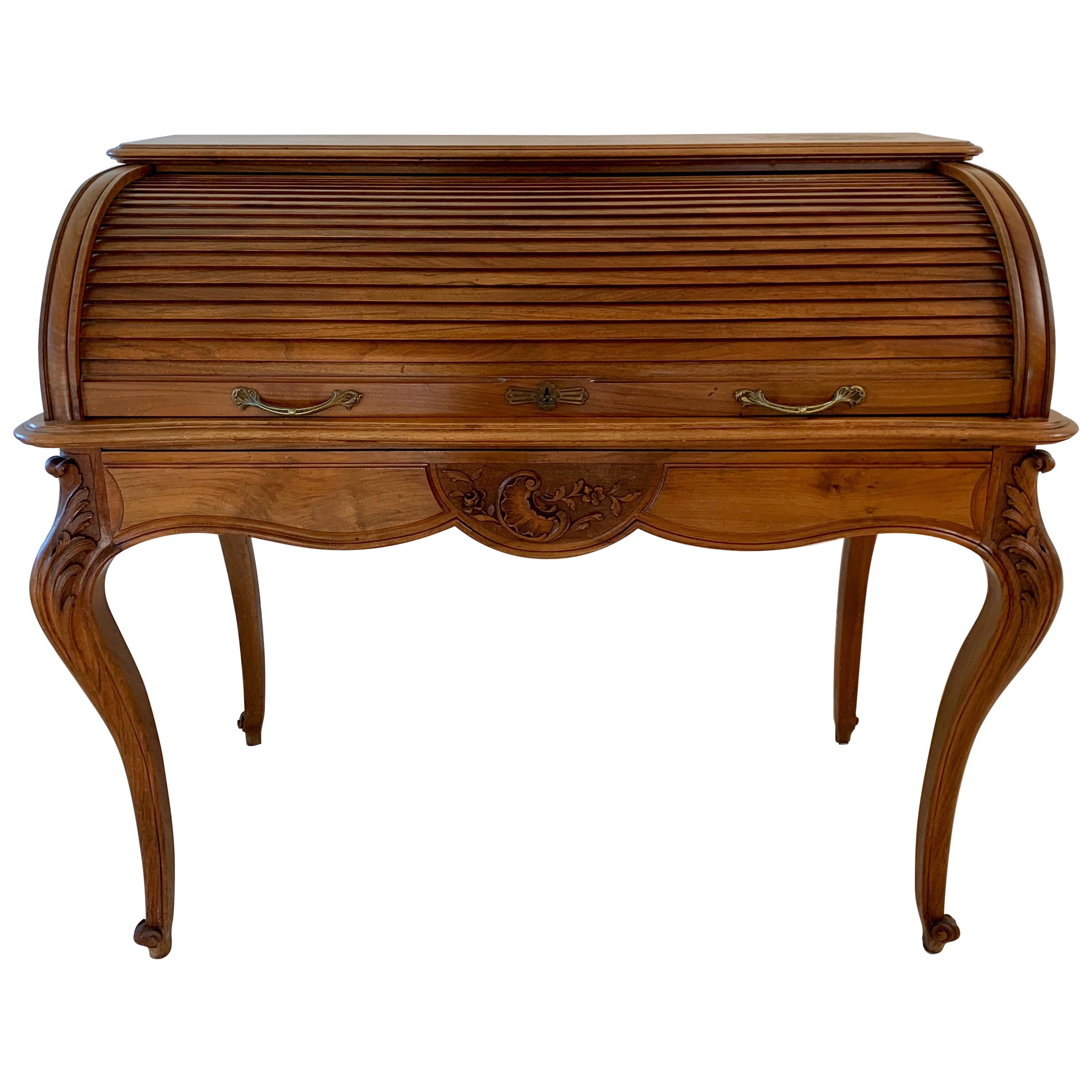 Antique French Walnut Tambour Top Desk For Sale
