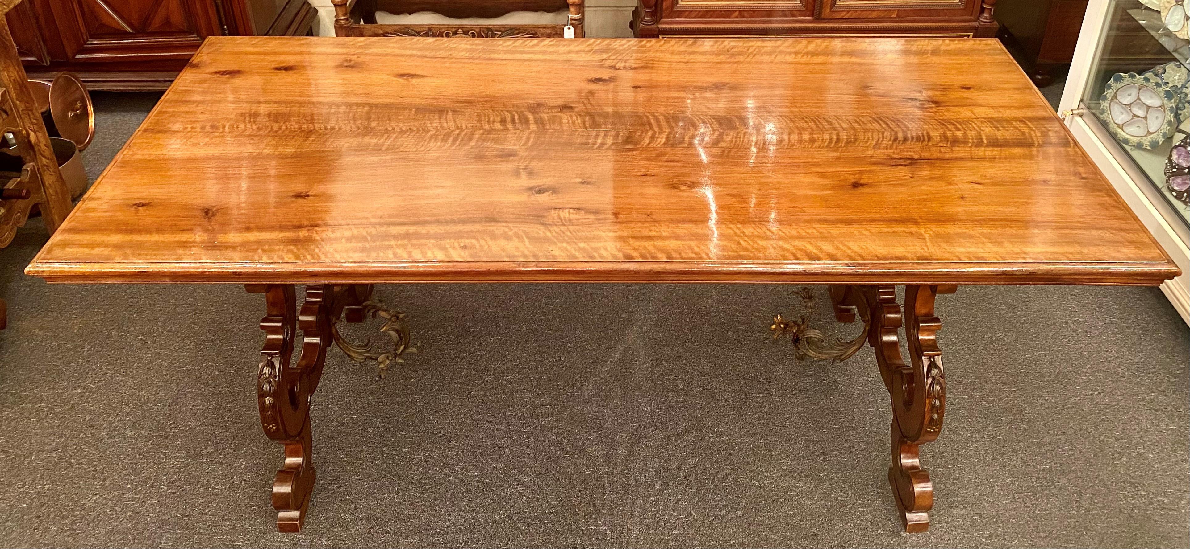 19th Century Antique French Walnut Trestle Dining Table with Iron Work Detail circa 1860-1880