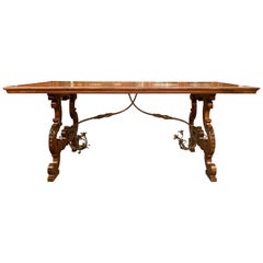 Antique French Walnut Trestle Dining Table with Iron Work Detail circa 1860-1880
